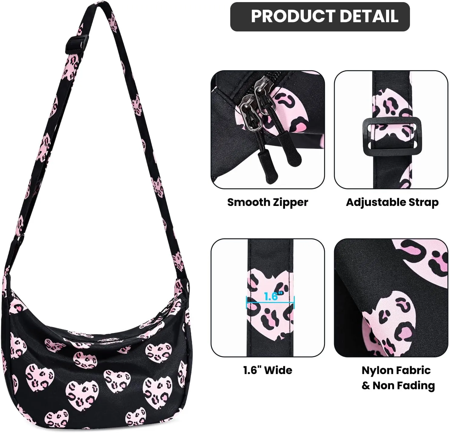 Small Sling Crossbody Bag for Women Men Trendy, Mini Crescent Bag with Adjustable Strap, 2 Zippers Lightweight Nylon Bag
