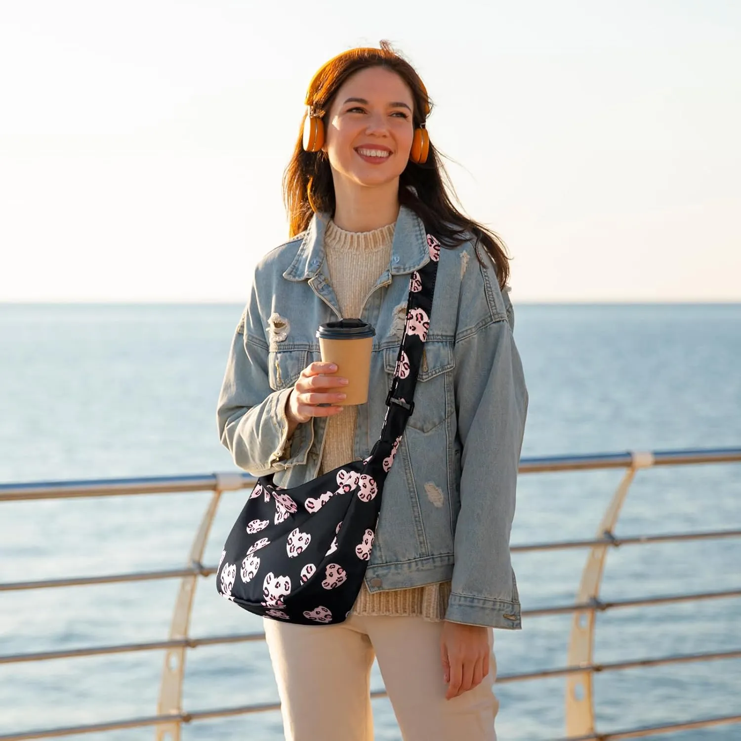 Small Sling Crossbody Bag for Women Men Trendy, Mini Crescent Bag with Adjustable Strap, 2 Zippers Lightweight Nylon Bag
