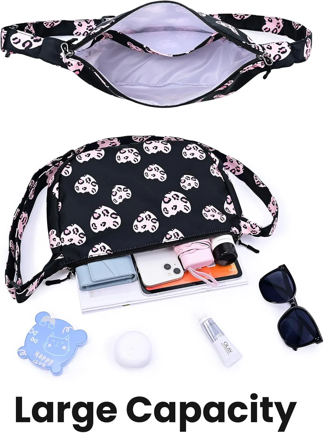 Small Sling Crossbody Bag for Women Men Trendy, Mini Crescent Bag with Adjustable Strap, 2 Zippers Lightweight Nylon Bag