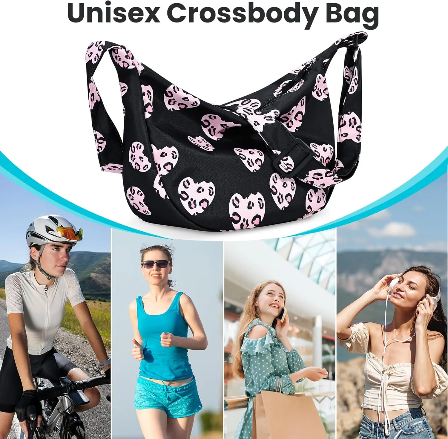 Small Sling Crossbody Bag for Women Men Trendy, Mini Crescent Bag with Adjustable Strap, 2 Zippers Lightweight Nylon Bag