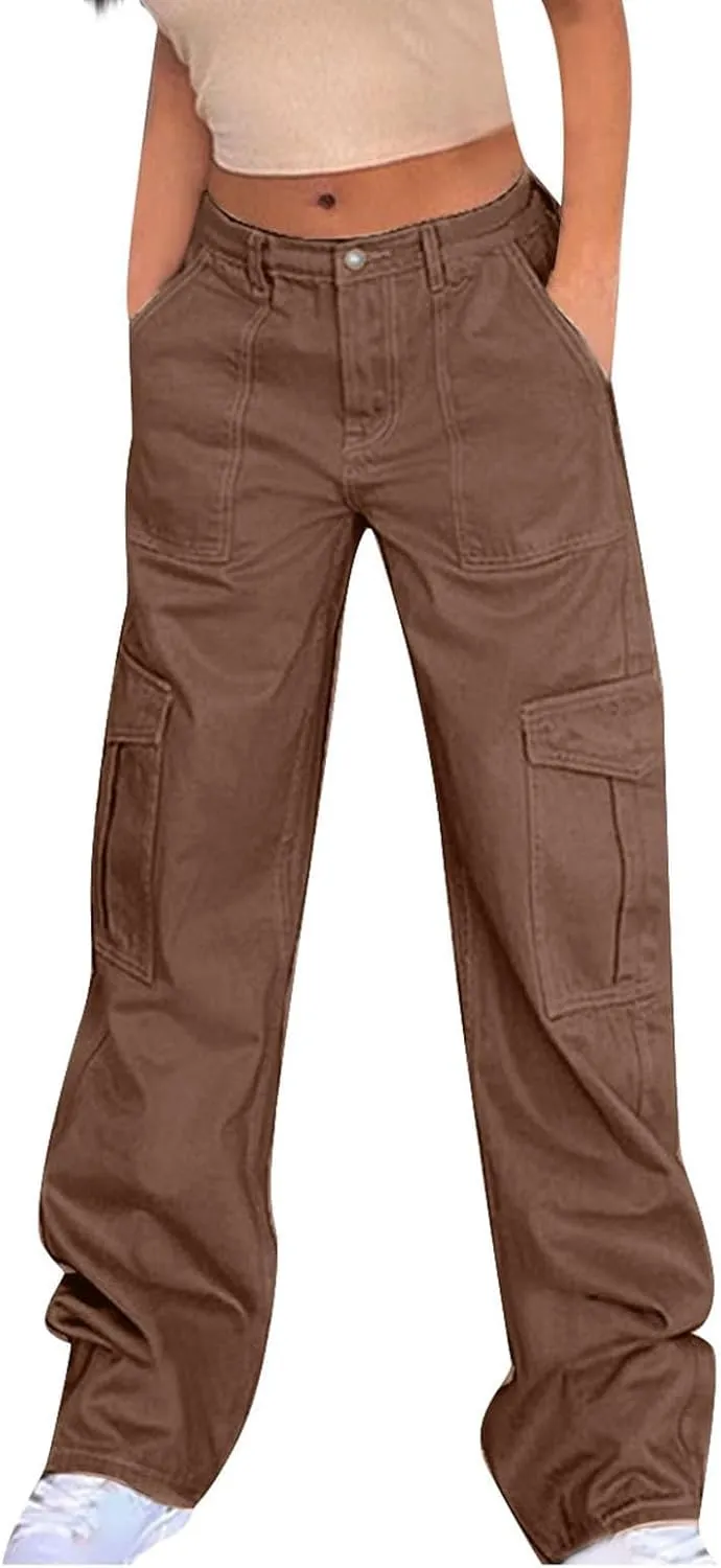 SMIDOW Baggy Cargo Pants for Women Relaxed Fit Low Rise Pants Streetwear Stretchy Wide Leg Combat Military Trousers