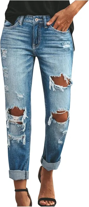 SMIDOW Women's Raw Hem Capri Jeans Ripped Jeans Cropped Jeans Distressed Tapered Jeans Petite Jeans Denim Pants