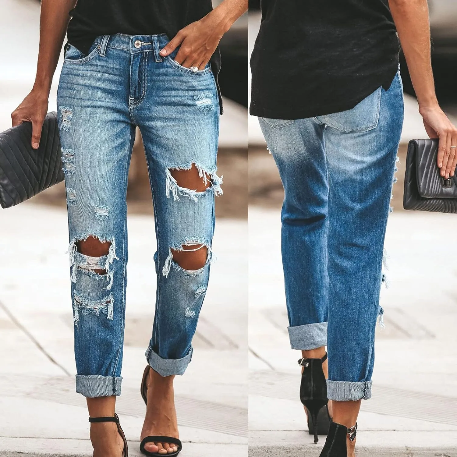 SMIDOW Women's Raw Hem Capri Jeans Ripped Jeans Cropped Jeans Distressed Tapered Jeans Petite Jeans Denim Pants