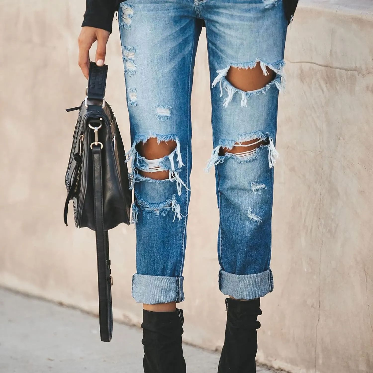 SMIDOW Women's Raw Hem Capri Jeans Ripped Jeans Cropped Jeans Distressed Tapered Jeans Petite Jeans Denim Pants