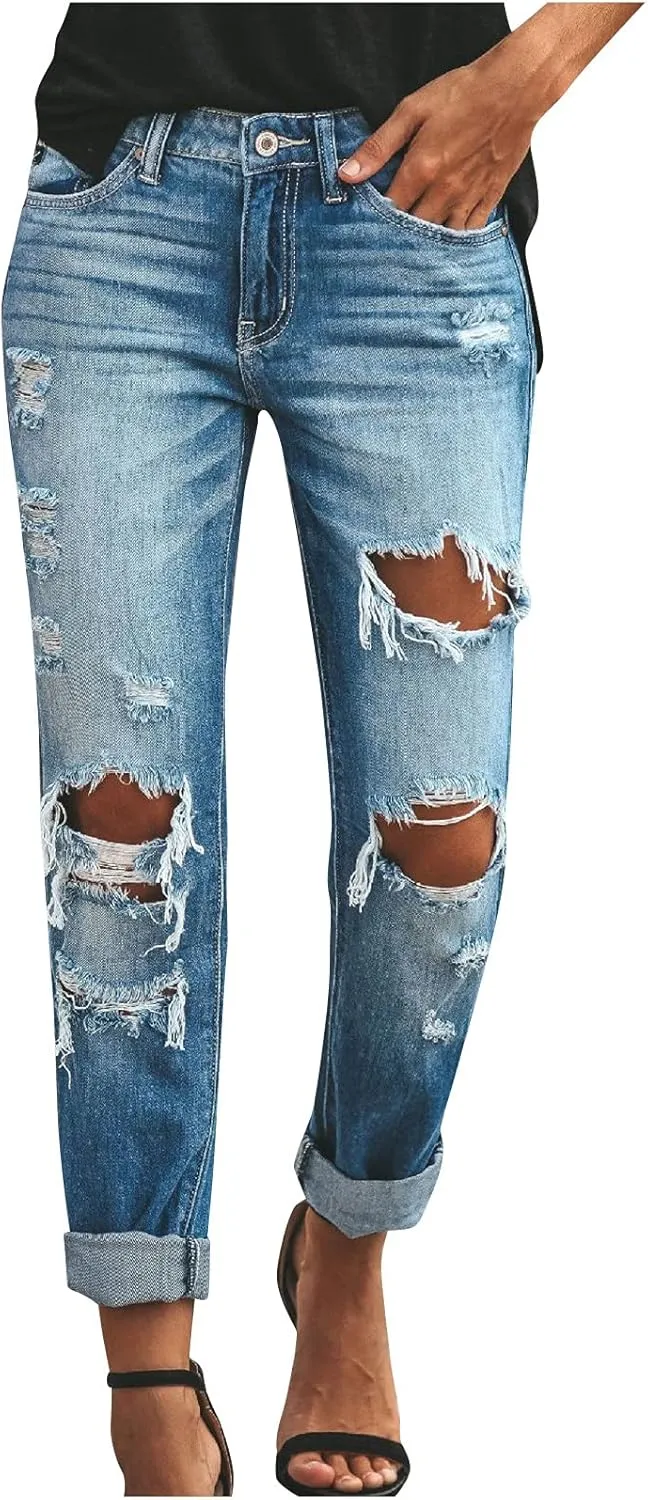 SMIDOW Women's Raw Hem Capri Jeans Ripped Jeans Cropped Jeans Distressed Tapered Jeans Petite Jeans Denim Pants