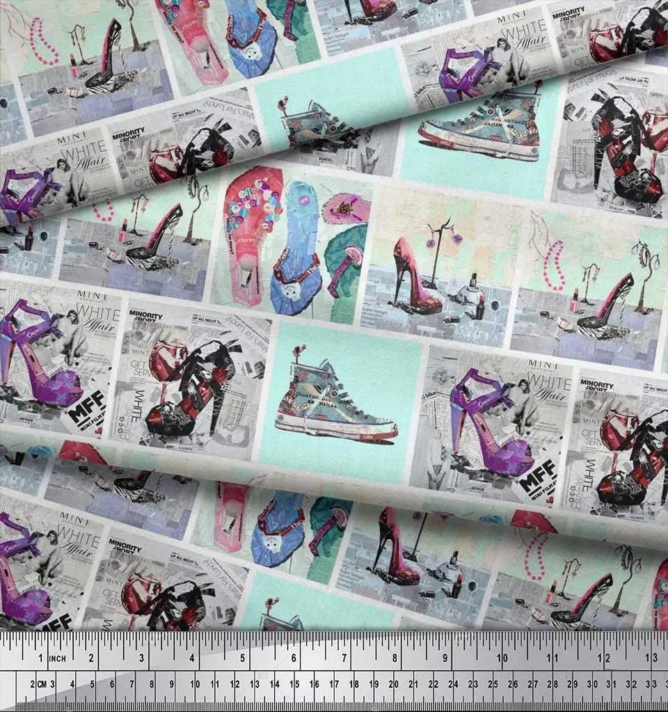 Soimoi Cotton Poplin Green Fabric - by The Yard - 56 Inch Wide - Slippers, Shoes & High Heels Patchwork Glam - Fashionable Footwear-Inspired Designs Printed Fabric