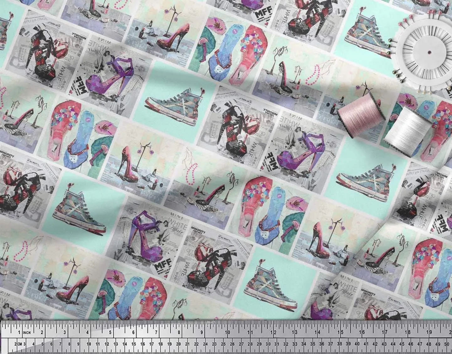 Soimoi Cotton Poplin Green Fabric - by The Yard - 56 Inch Wide - Slippers, Shoes & High Heels Patchwork Glam - Fashionable Footwear-Inspired Designs Printed Fabric