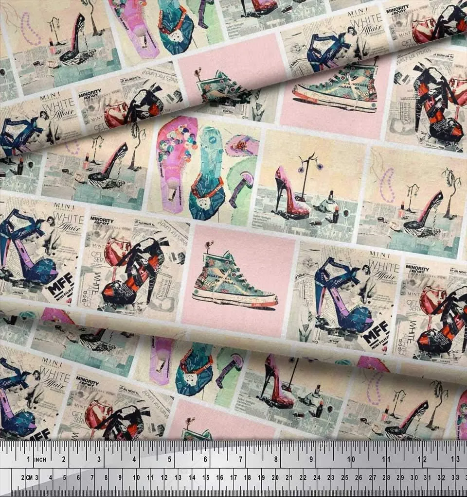 Soimoi Cotton Poplin Orange Fabric - by The Yard - 56 Inch Wide - Slippers, Shoes & High Heels Patchwork Glam - Fashionable Footwear-Inspired Designs Printed Fabric