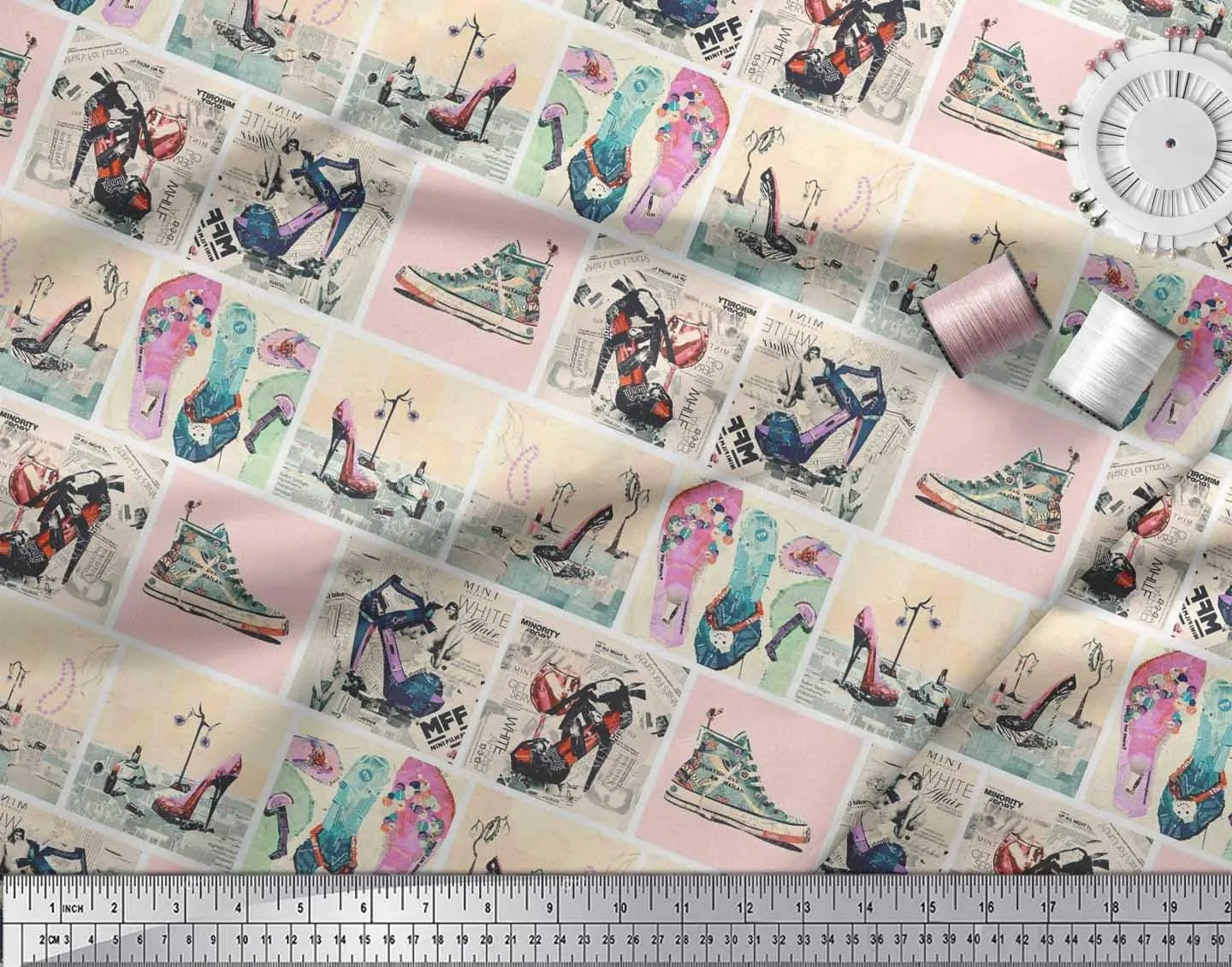 Soimoi Cotton Poplin Orange Fabric - by The Yard - 56 Inch Wide - Slippers, Shoes & High Heels Patchwork Glam - Fashionable Footwear-Inspired Designs Printed Fabric