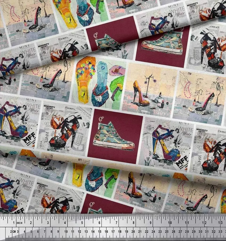 Soimoi Cotton Poplin Red Fabric - by The Yard - 42 Inch Wide - Slippers, Shoes & High Heels Patchwork Glam - Fashionable Footwear-Inspired Designs Printed Fabric