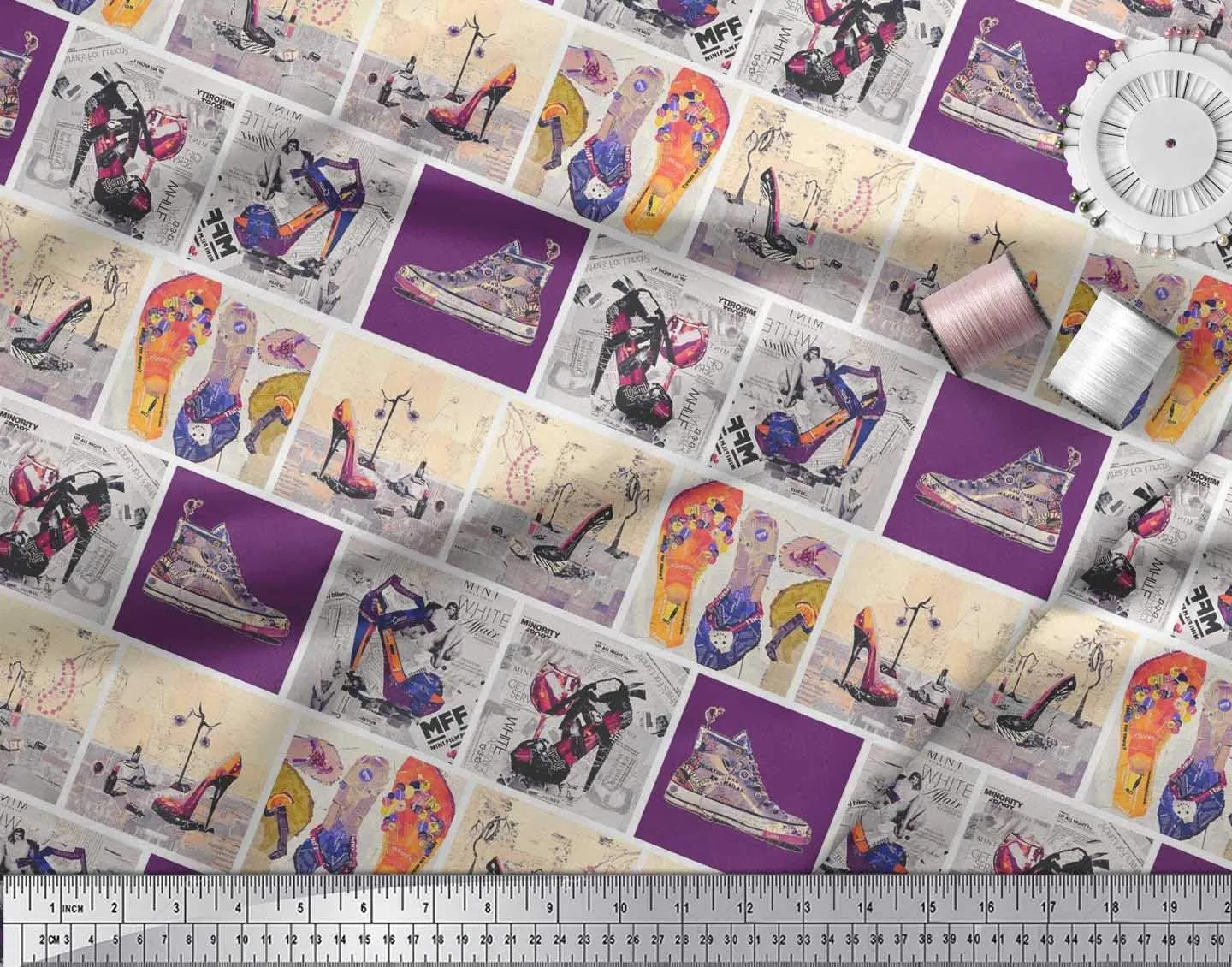 Soimoi Rayon Purple Fabric - by The Yard - 56 Inch Wide - Slippers, Shoes & High Heels Patchwork Glam - Fashionable Footwear-Inspired Designs Printed Fabric