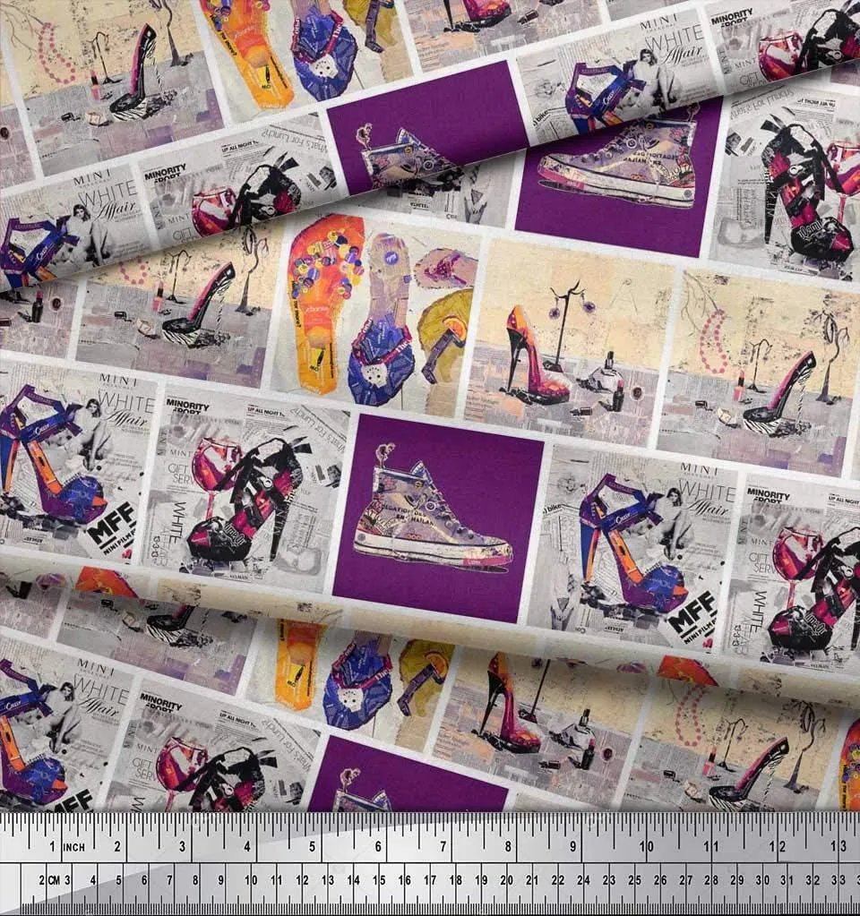 Soimoi Rayon Purple Fabric - by The Yard - 56 Inch Wide - Slippers, Shoes & High Heels Patchwork Glam - Fashionable Footwear-Inspired Designs Printed Fabric