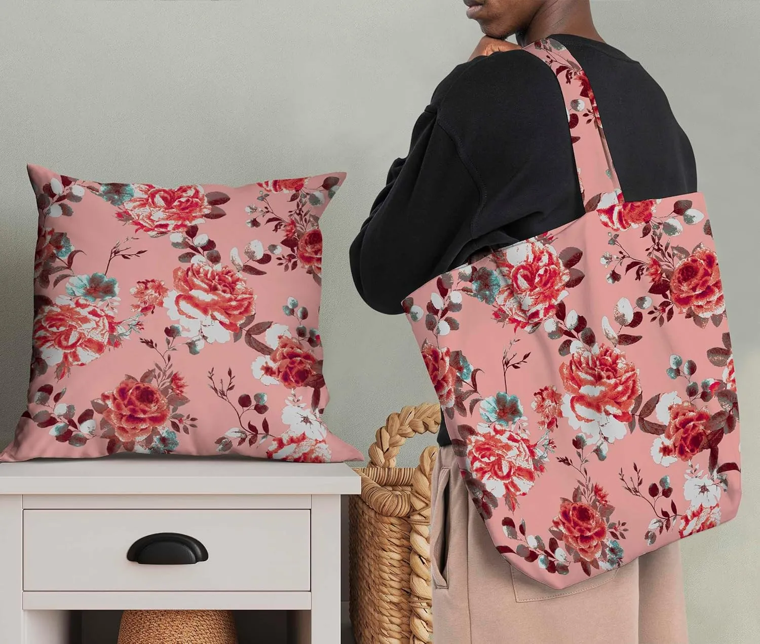 Soimoi Rose Print - Orange, Canvas Fabric Material - 56 Inch Wide, 1 Yard, Unstitched Fabric for Upholstery, Bags, Workwear and Outdoor Gear.
