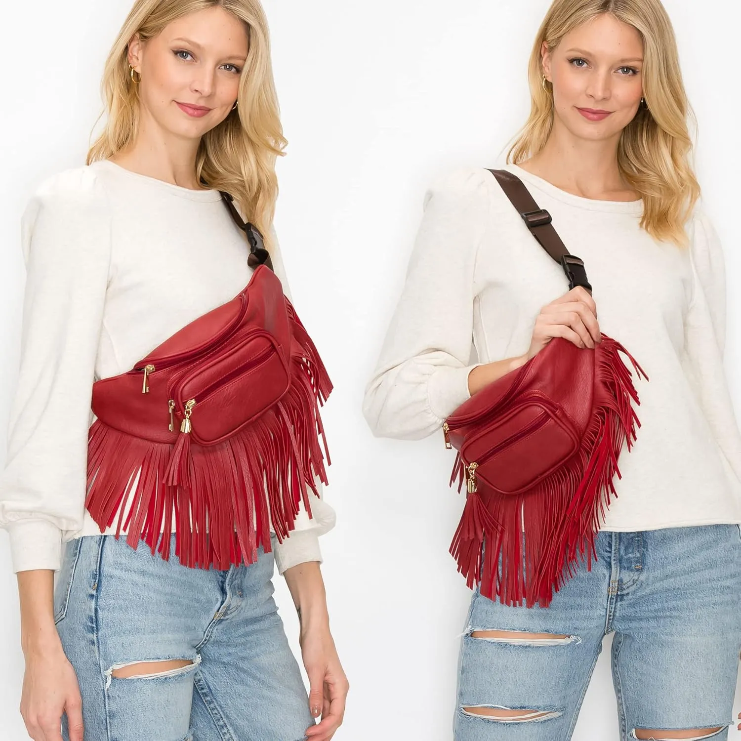 Solene Fringe Waist bag for women with Multi Zipper Pockets