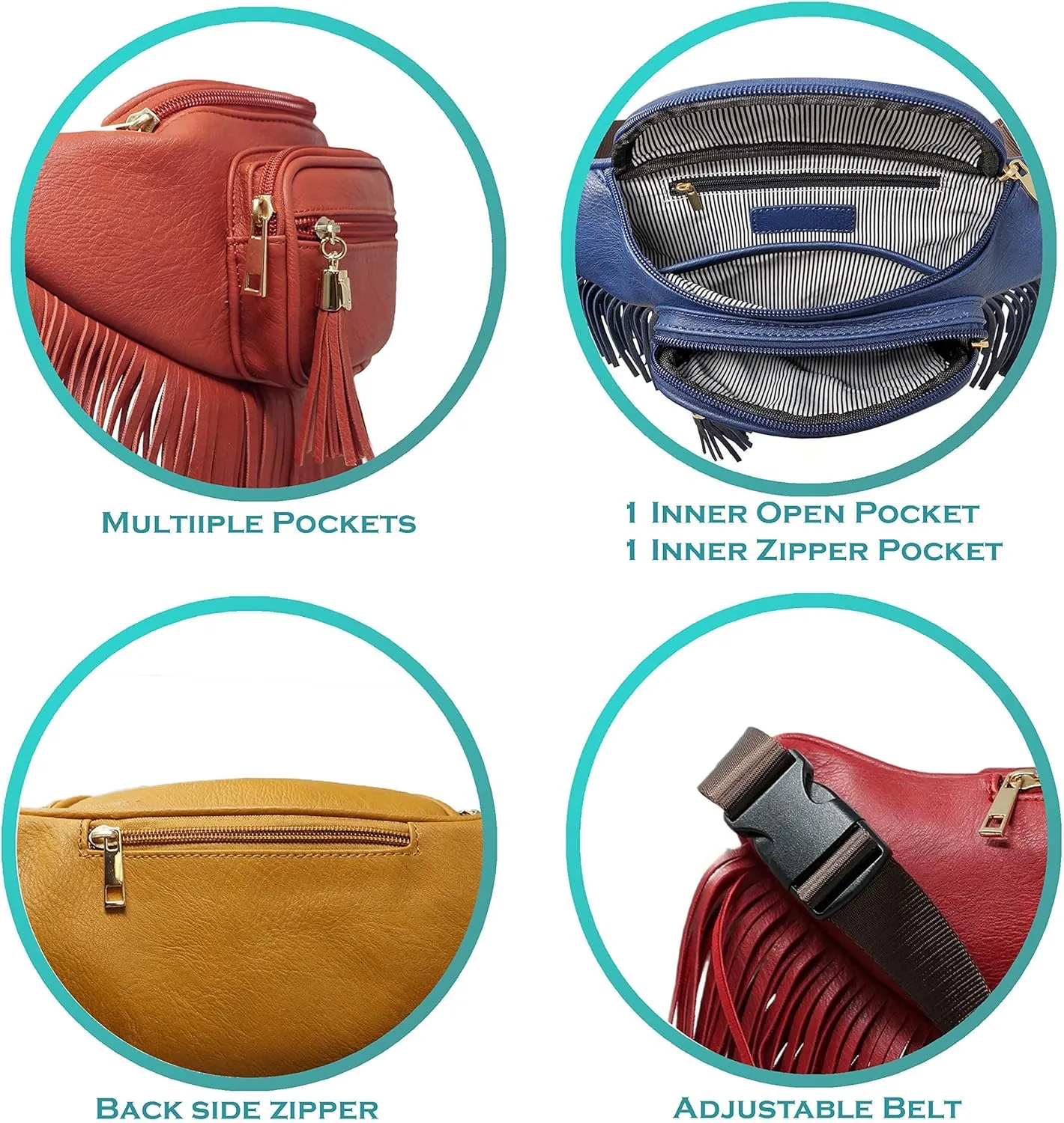 Solene Fringe Waist bag for women with Multi Zipper Pockets