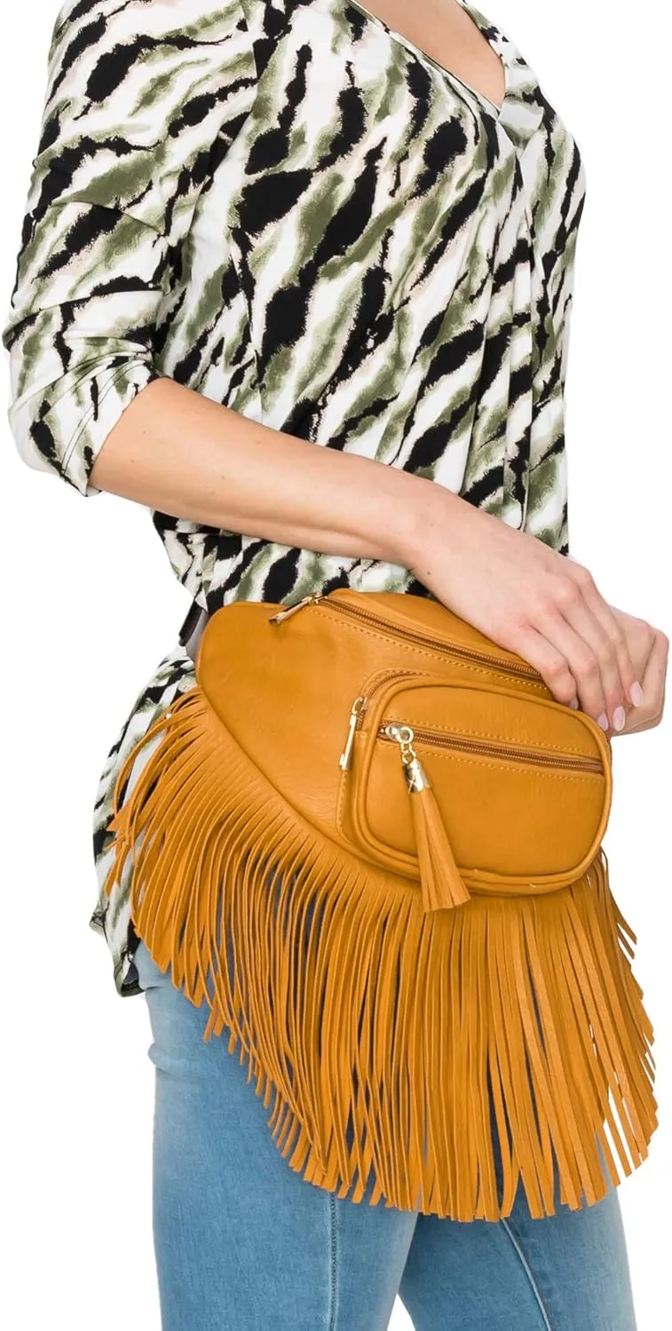 Solene Fringe Waist bag for women with Multi Zipper Pockets