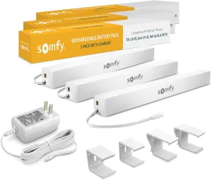 somfy Rechargeable Battery Pack 3-Pack with Charger - Power Blinds, Shades, Curtains - Long-Lasting, Easy Install - Includes Wall Mount Clips - Supports Multiple Motors - #9021217, #9025166