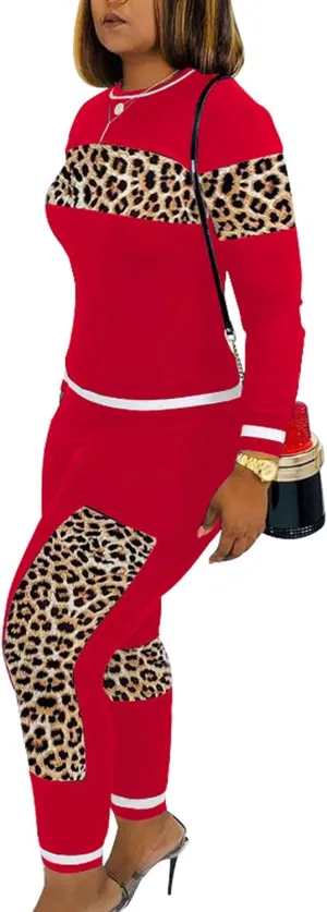 SOMTHRON Women's 2 Piece Outfit Leopard Patchwork Long Sleeve Sweatshirt Top Bodycon Jogger Pants Set Tracksuit Sweatsuit