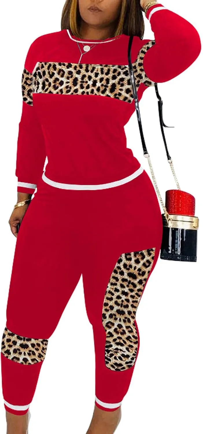 SOMTHRON Women's 2 Piece Outfit Leopard Patchwork Long Sleeve Sweatshirt Top Bodycon Jogger Pants Set Tracksuit Sweatsuit