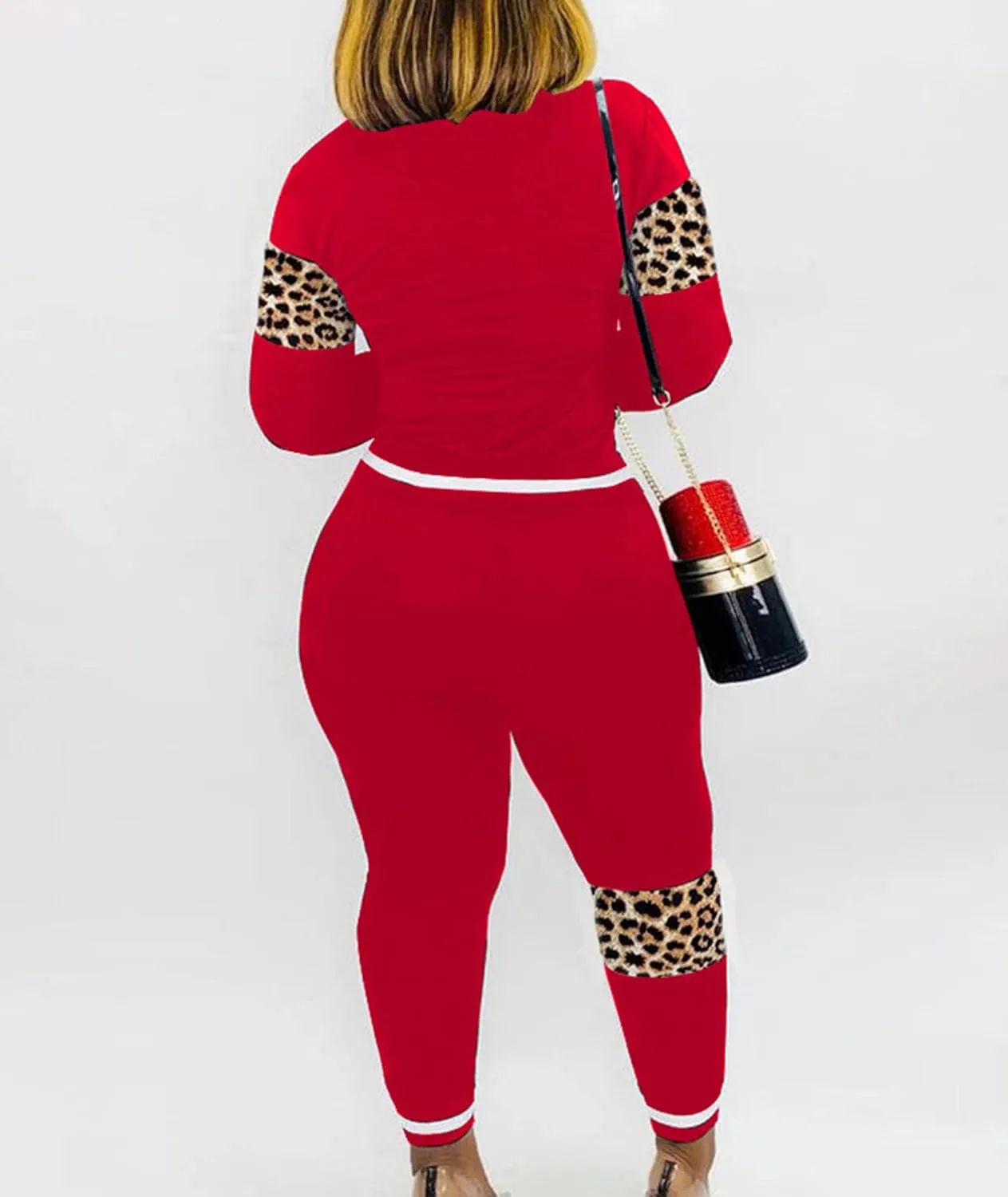 SOMTHRON Women's 2 Piece Outfit Leopard Patchwork Long Sleeve Sweatshirt Top Bodycon Jogger Pants Set Tracksuit Sweatsuit
