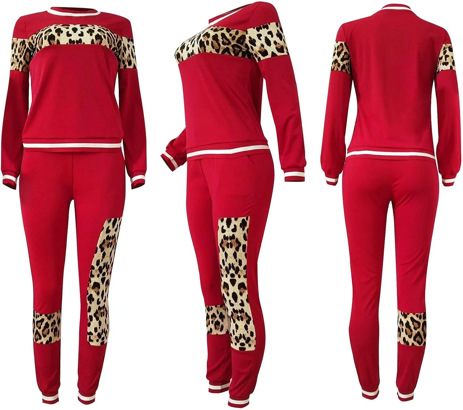SOMTHRON Women's 2 Piece Outfit Leopard Patchwork Long Sleeve Sweatshirt Top Bodycon Jogger Pants Set Tracksuit Sweatsuit