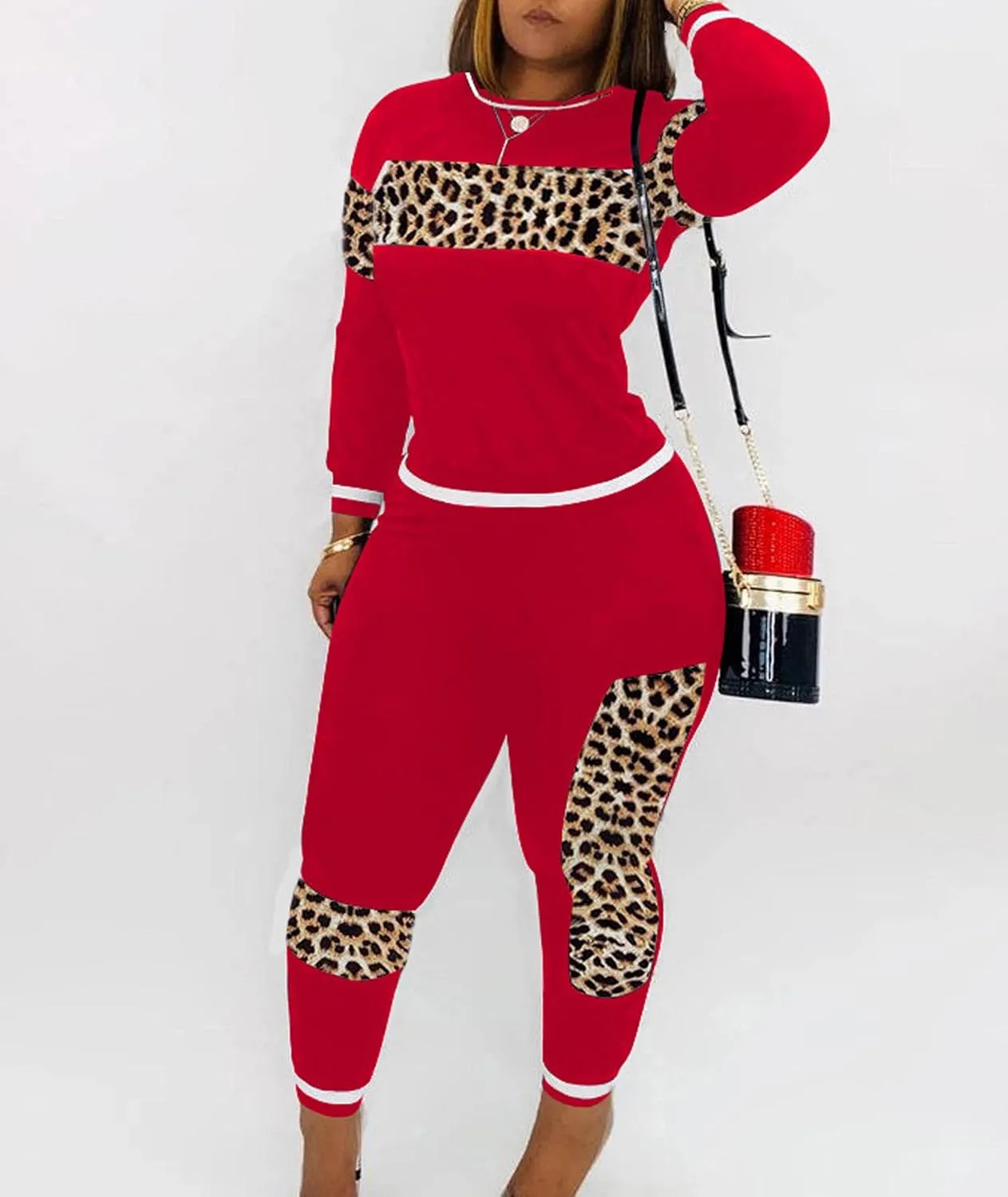 SOMTHRON Women's 2 Piece Outfit Leopard Patchwork Long Sleeve Sweatshirt Top Bodycon Jogger Pants Set Tracksuit Sweatsuit