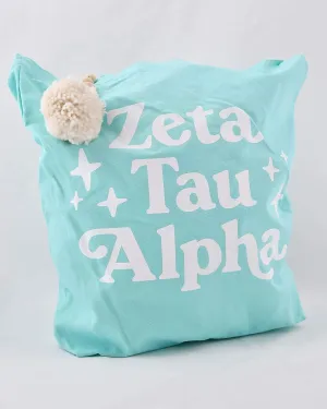 Sorority Shop Zeta Tau Alpha Tote Bag - ZTA Teal and White Retro Pom Pom Canvas Tote Bag – Sorority Retro Tote– Sorority Gift