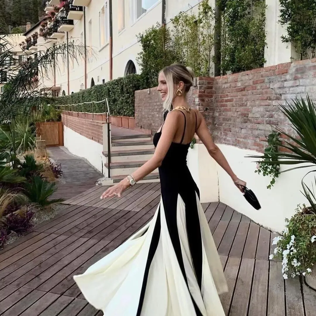 Spaghetti Straps Prom Dresses Sleeveless Patchwork Pleated Long Evening Dress
