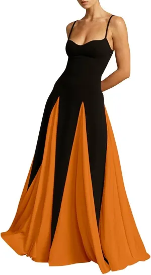 Spaghetti Straps Prom Dresses Sleeveless Patchwork Pleated Long Evening Dress