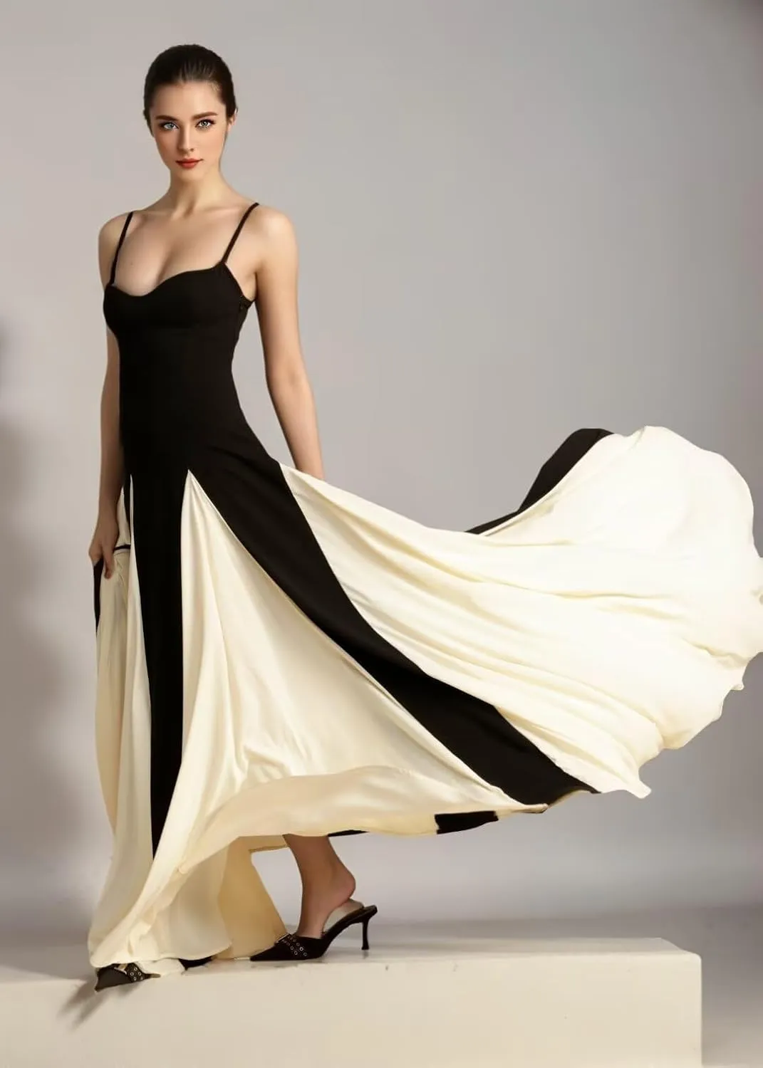 Spaghetti Straps Prom Dresses Sleeveless Patchwork Pleated Long Evening Dress