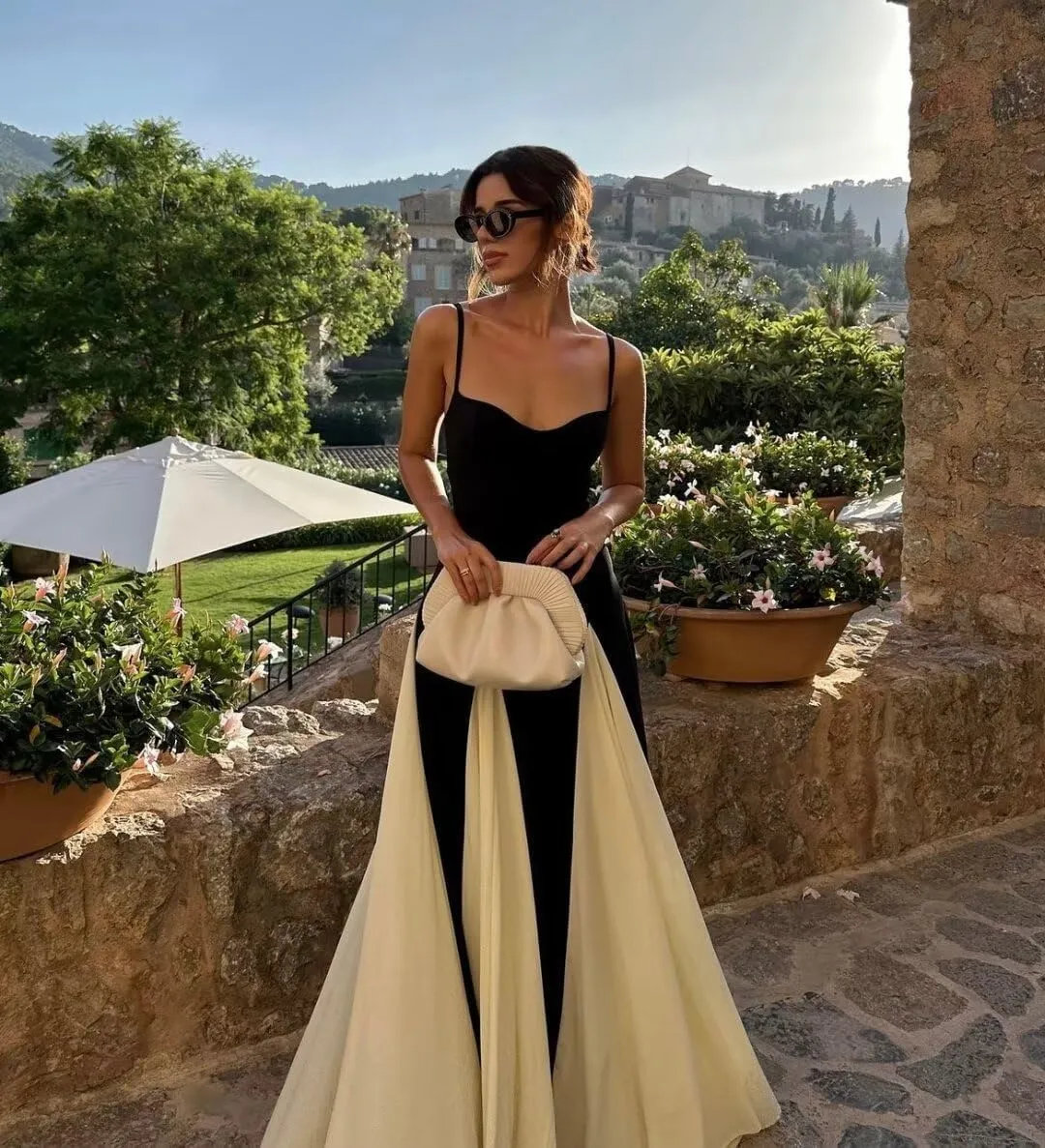 Spaghetti Straps Prom Dresses Sleeveless Patchwork Pleated Long Evening Dress