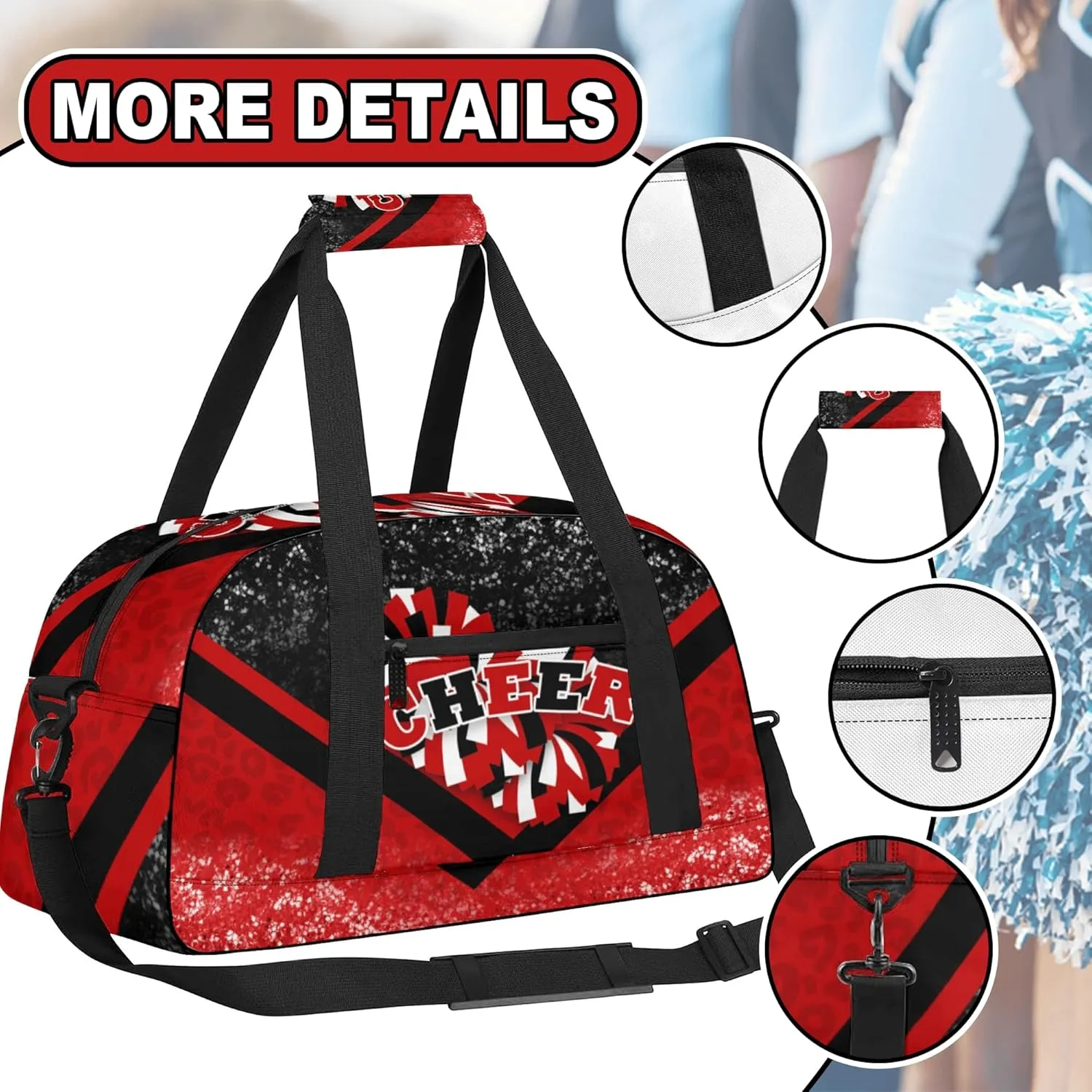 Sports Duffel Bag for Cheerleaders, Cheer Bag for Women, Travel Duffle Bag, Cheerleading Weekender Bag, Gym Bag (Black&Red)