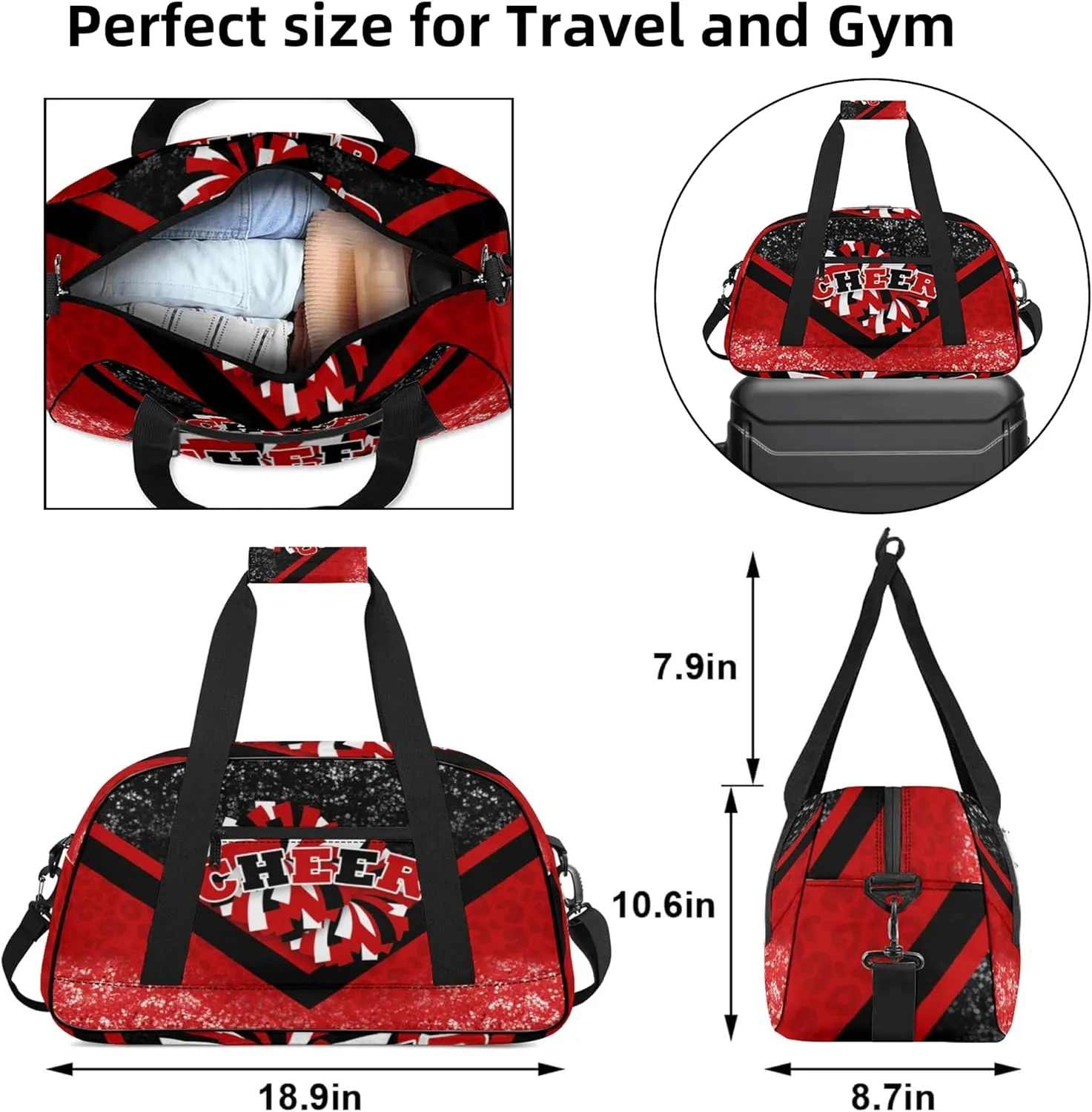 Sports Duffel Bag for Cheerleaders, Cheer Bag for Women, Travel Duffle Bag, Cheerleading Weekender Bag, Gym Bag (Black&Red)