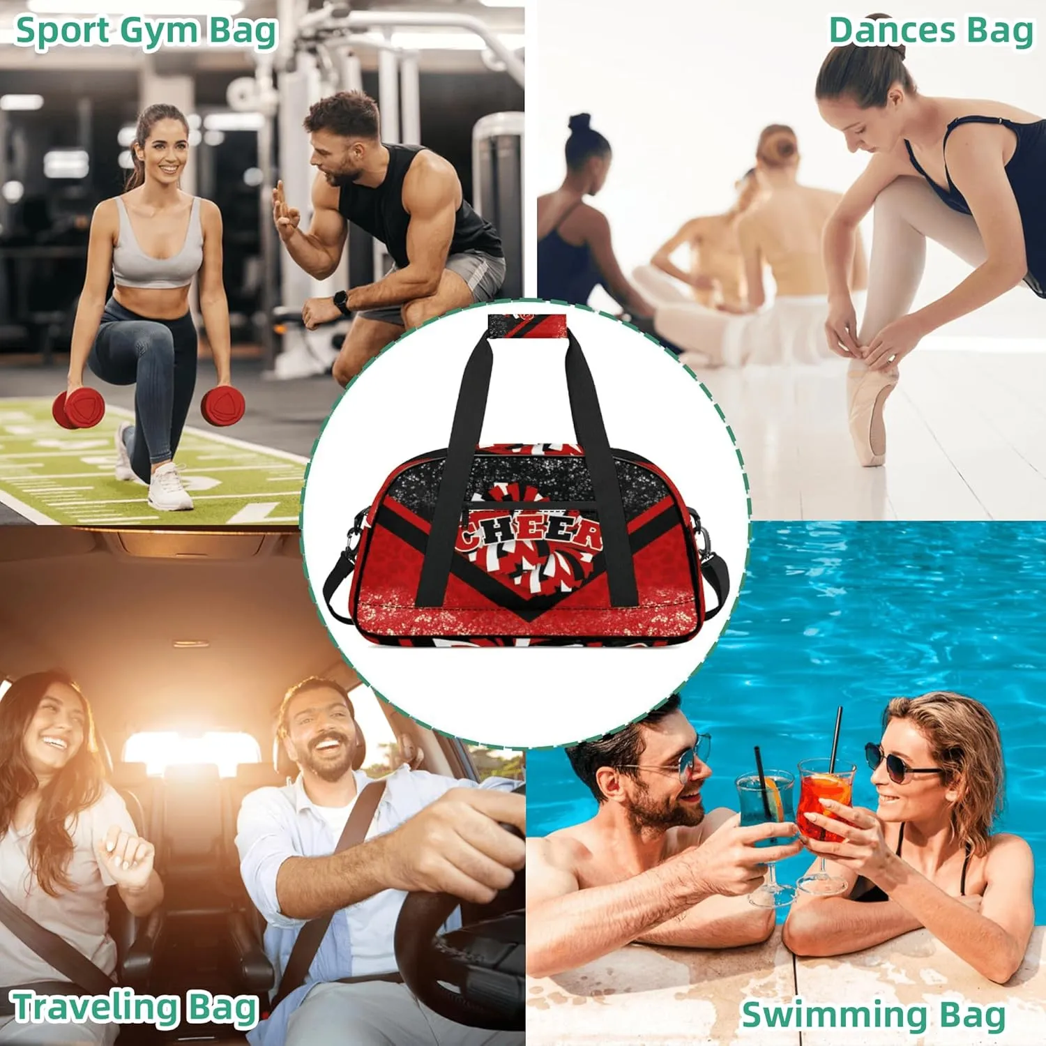 Sports Duffel Bag for Cheerleaders, Cheer Bag for Women, Travel Duffle Bag, Cheerleading Weekender Bag, Gym Bag (Black&Red)