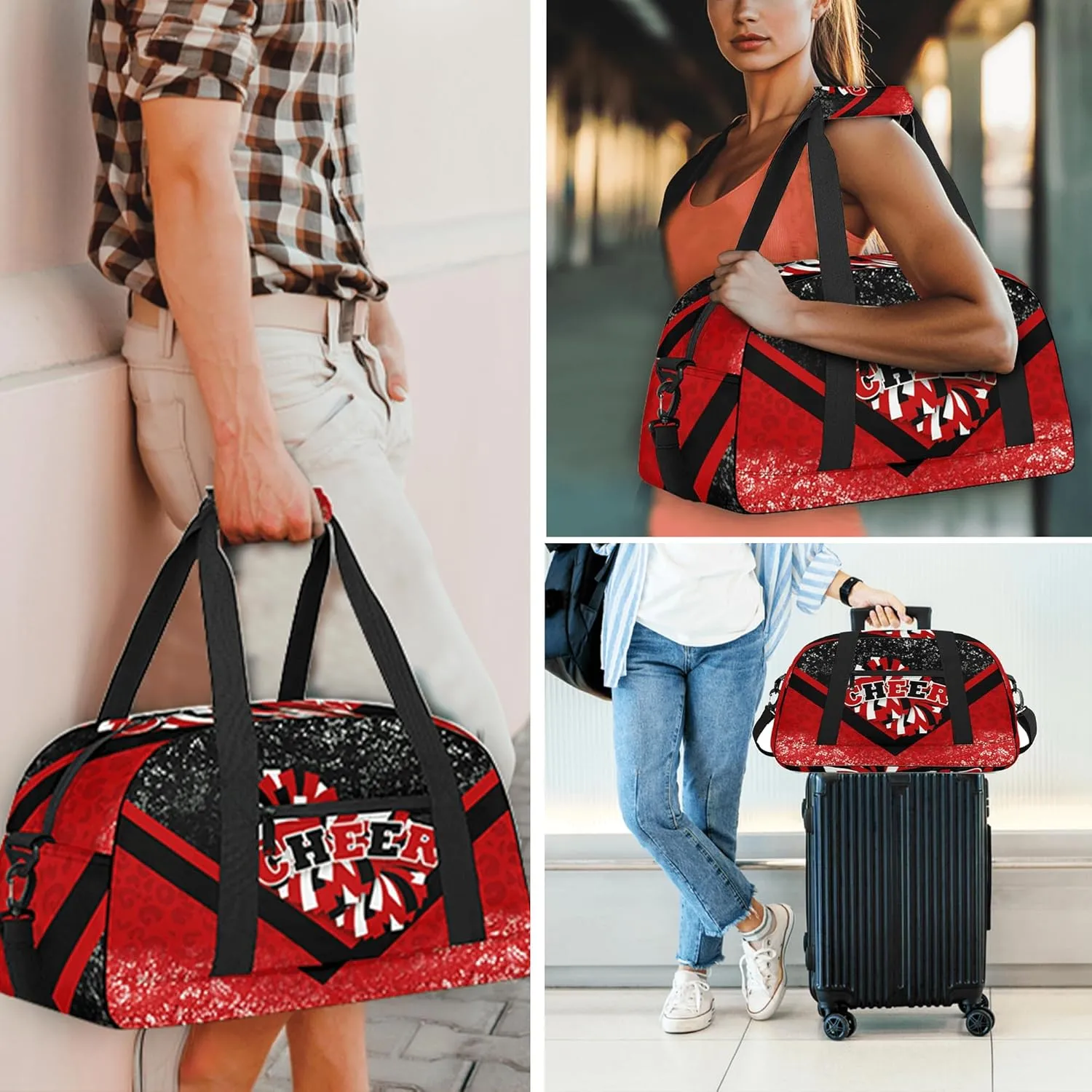 Sports Duffel Bag for Cheerleaders, Cheer Bag for Women, Travel Duffle Bag, Cheerleading Weekender Bag, Gym Bag (Black&Red)