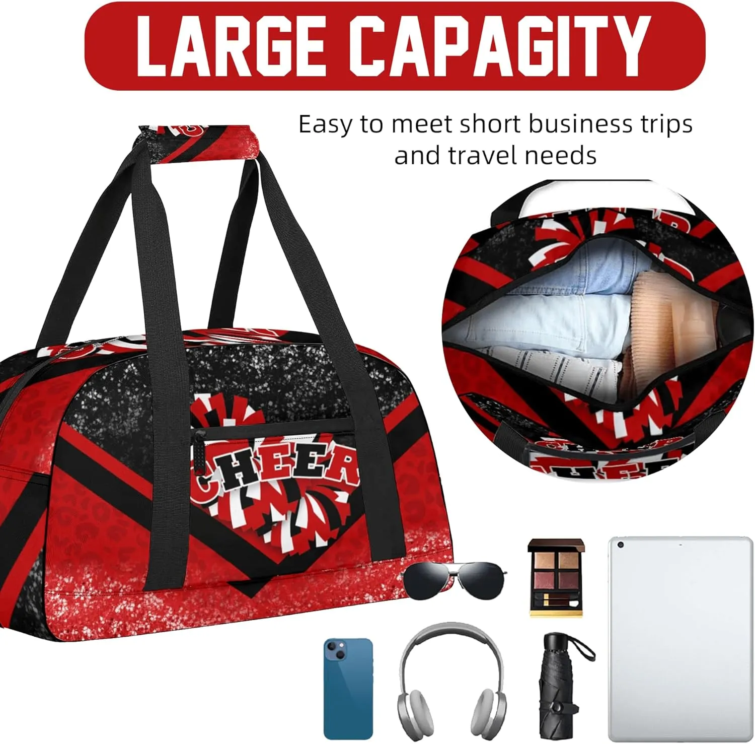 Sports Duffel Bag for Cheerleaders, Cheer Bag for Women, Travel Duffle Bag, Cheerleading Weekender Bag, Gym Bag (Black&Red)