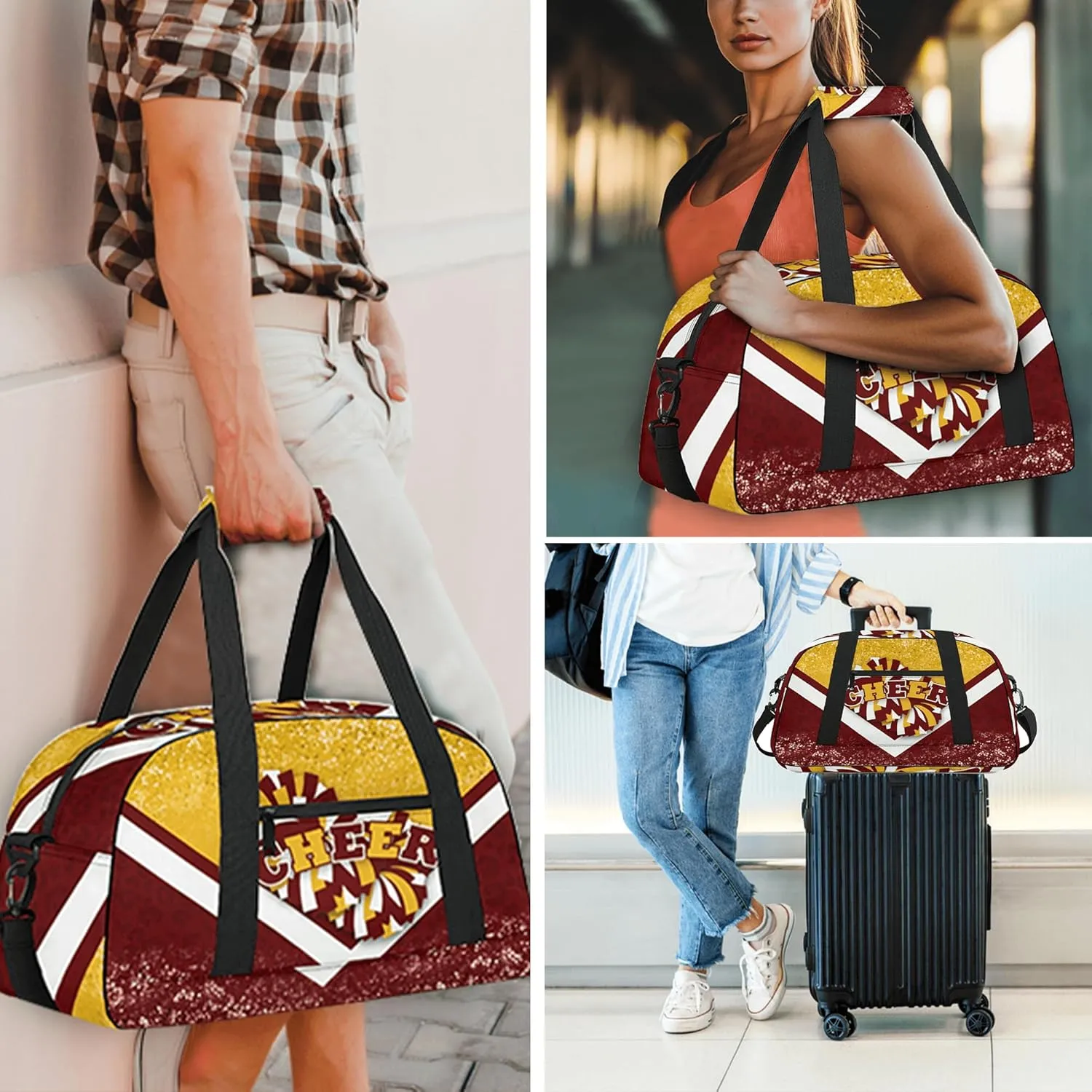Sports Duffel Bag for Cheerleaders, Cheer Bag for Women, Travel Duffle Bag, Cheerleading Weekender Bag, Gym Bag (Gold&Winered)