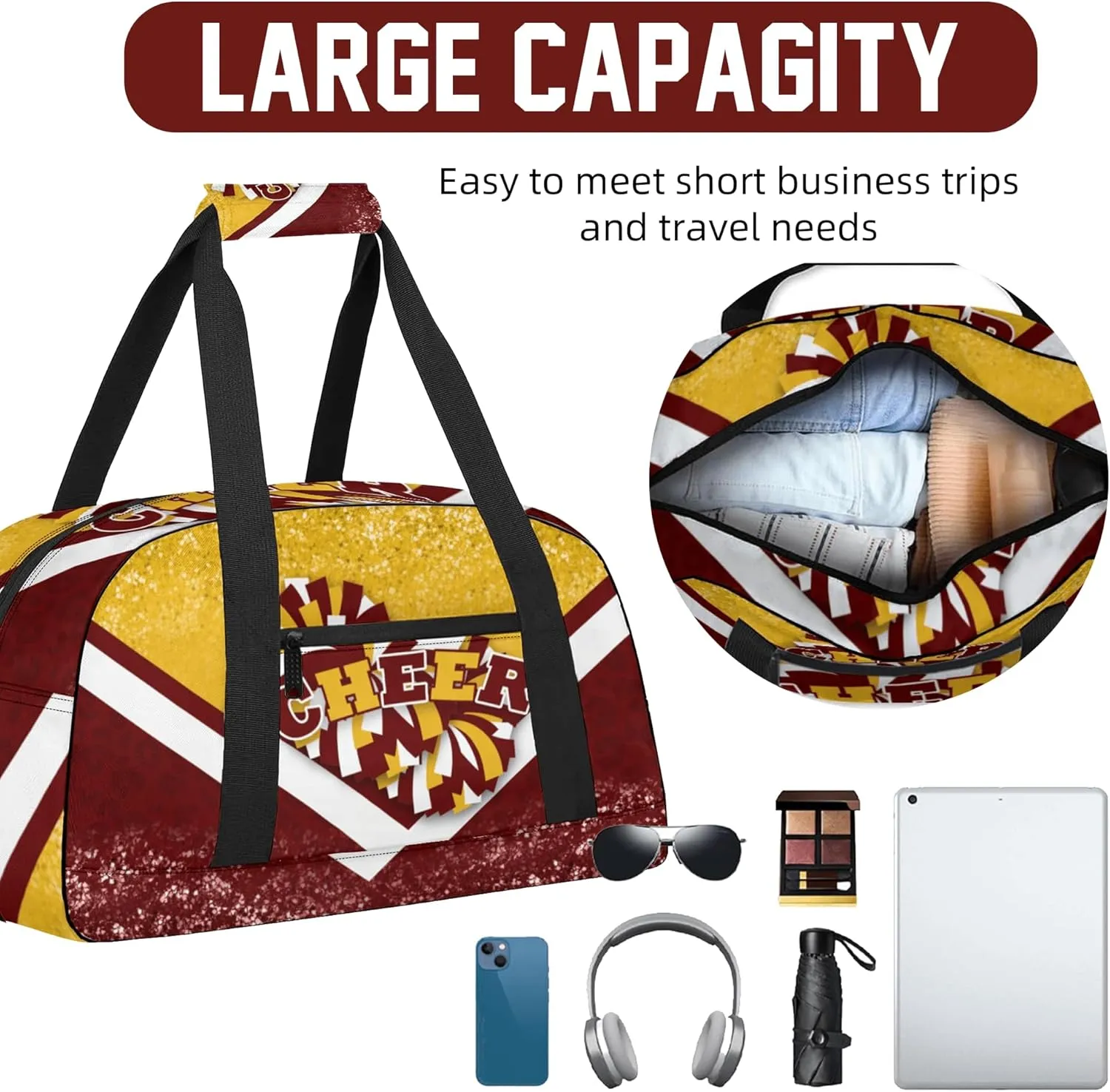 Sports Duffel Bag for Cheerleaders, Cheer Bag for Women, Travel Duffle Bag, Cheerleading Weekender Bag, Gym Bag (Gold&Winered)