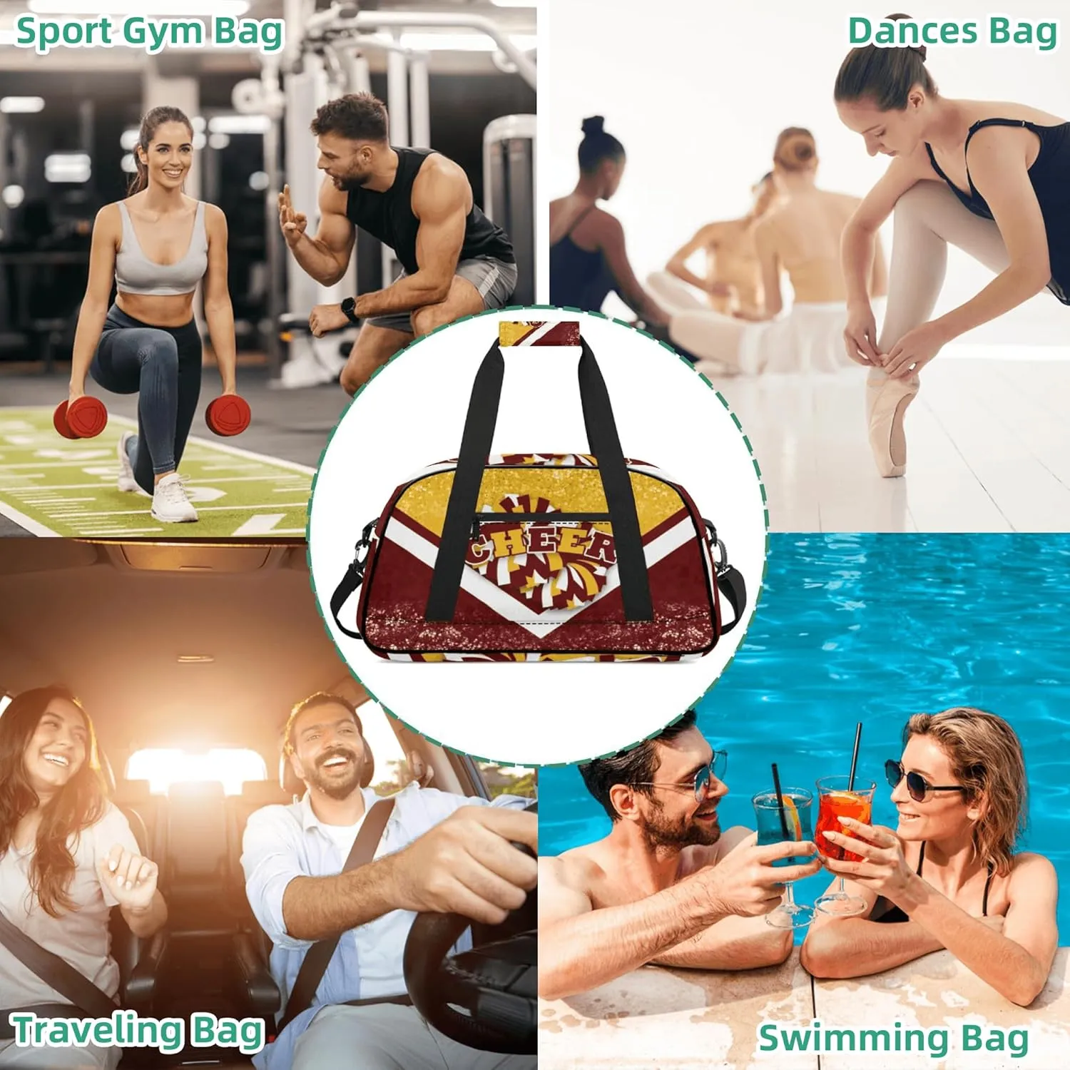 Sports Duffel Bag for Cheerleaders, Cheer Bag for Women, Travel Duffle Bag, Cheerleading Weekender Bag, Gym Bag (Gold&Winered)