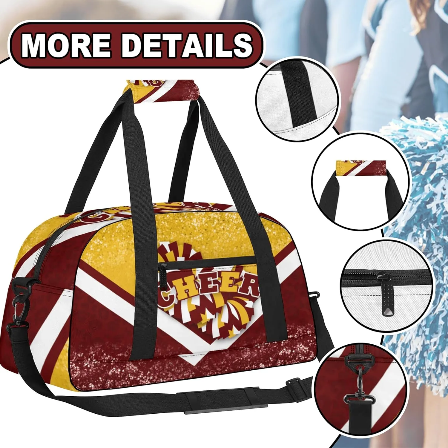 Sports Duffel Bag for Cheerleaders, Cheer Bag for Women, Travel Duffle Bag, Cheerleading Weekender Bag, Gym Bag (Gold&Winered)