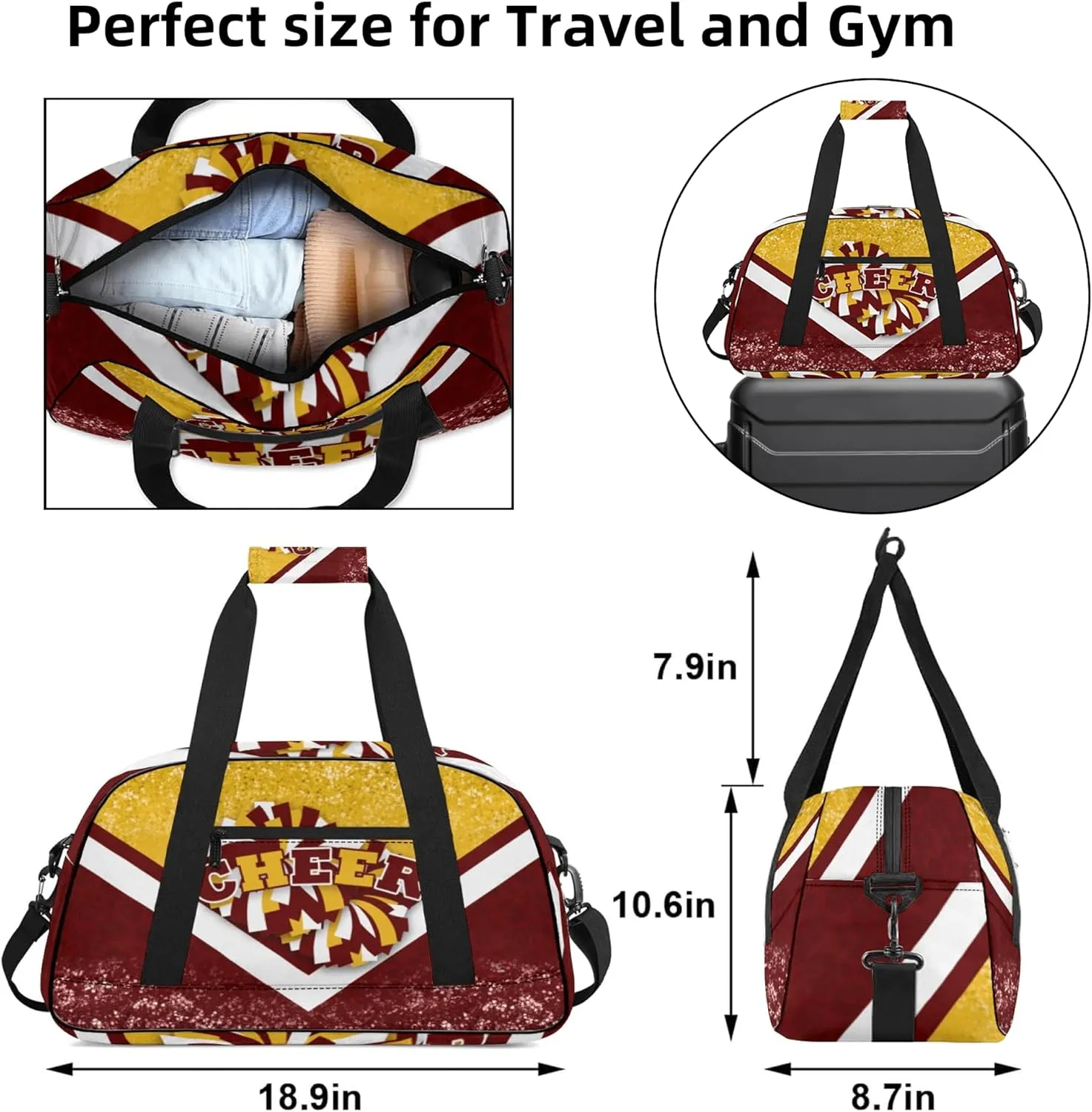 Sports Duffel Bag for Cheerleaders, Cheer Bag for Women, Travel Duffle Bag, Cheerleading Weekender Bag, Gym Bag (Gold&Winered)