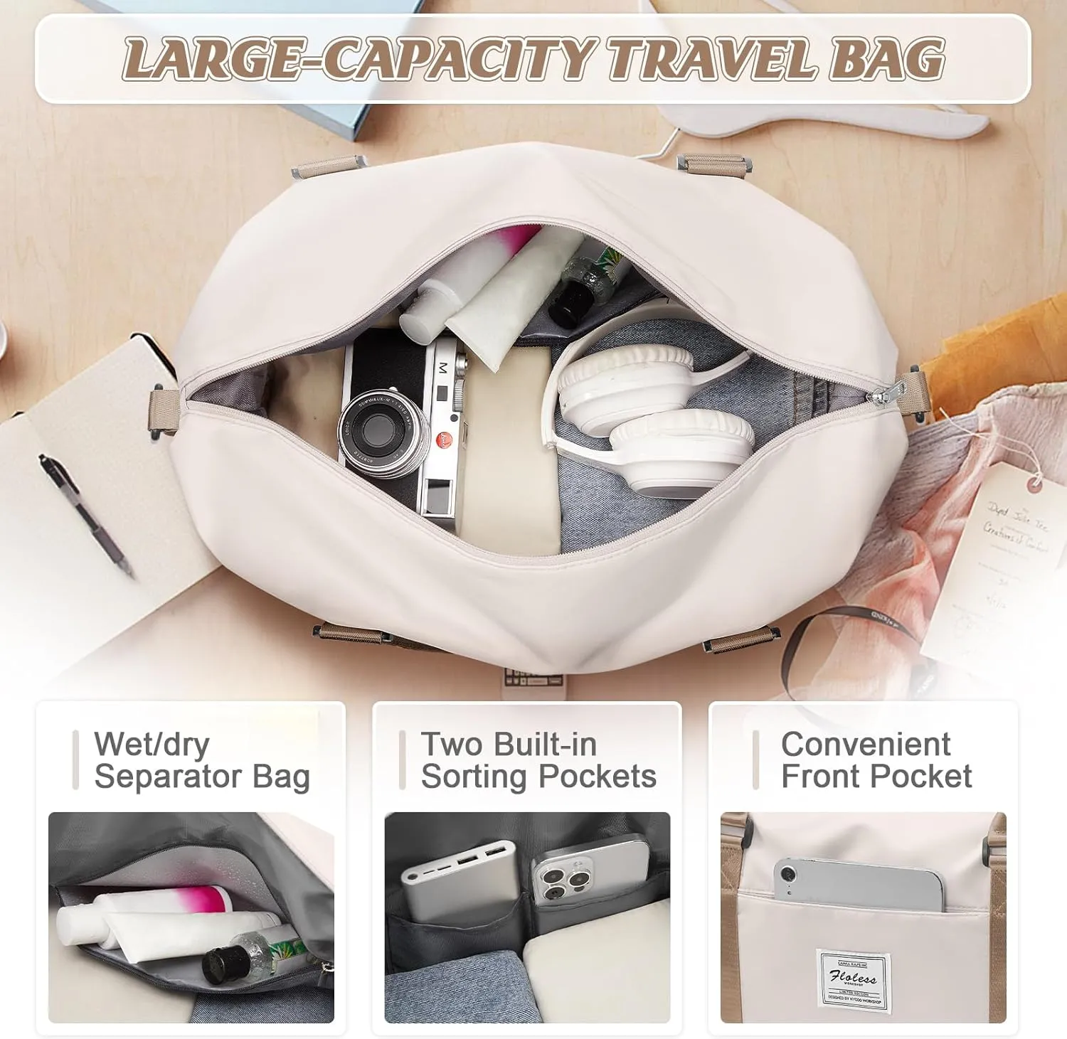 Sports Duffel Bags for Women Beige Weekender Travel Totes Bag for Airplane, Cute Sports Gym Dance Overnight Luggage Bag with Wet Pocket, Carry On Hospital Bag for Labor and Delivery