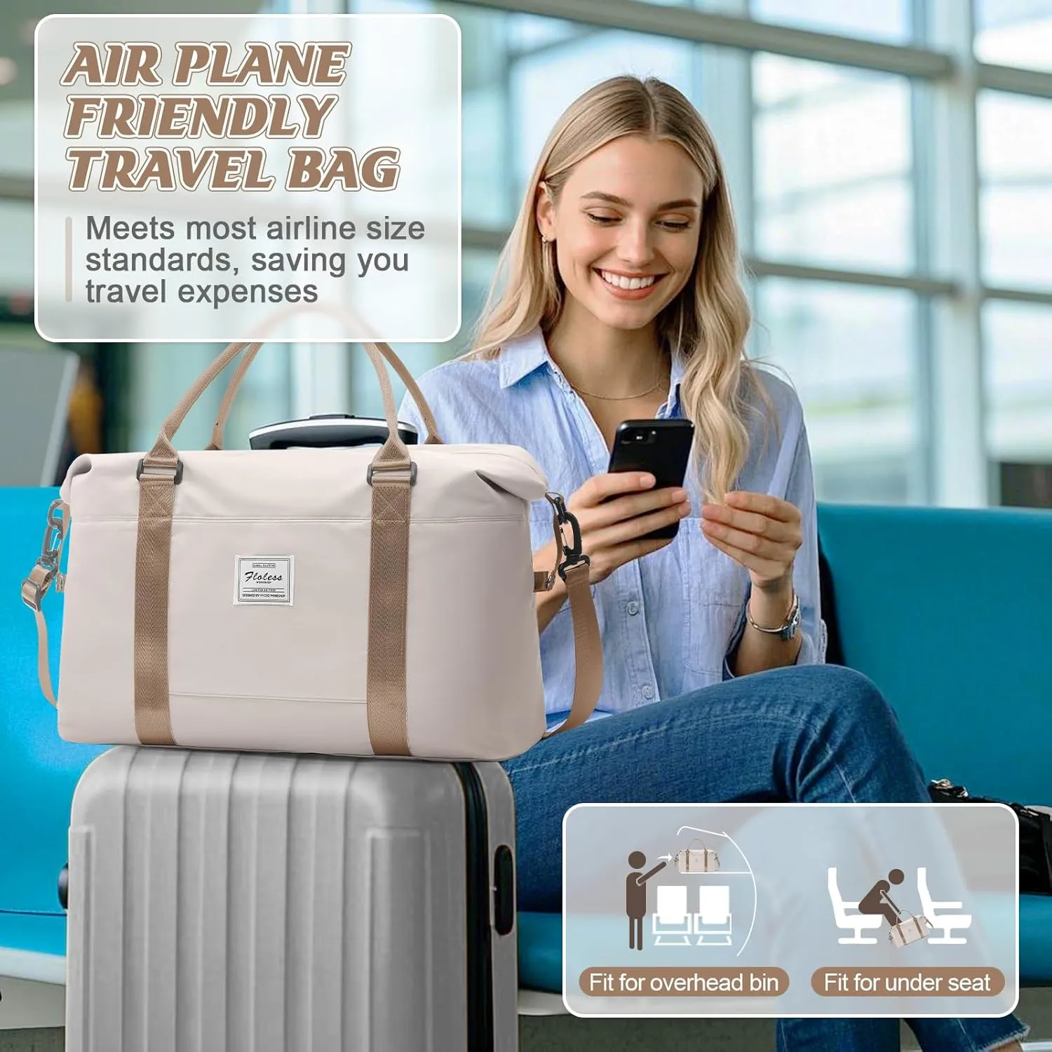 Sports Duffel Bags for Women Beige Weekender Travel Totes Bag for Airplane, Cute Sports Gym Dance Overnight Luggage Bag with Wet Pocket, Carry On Hospital Bag for Labor and Delivery