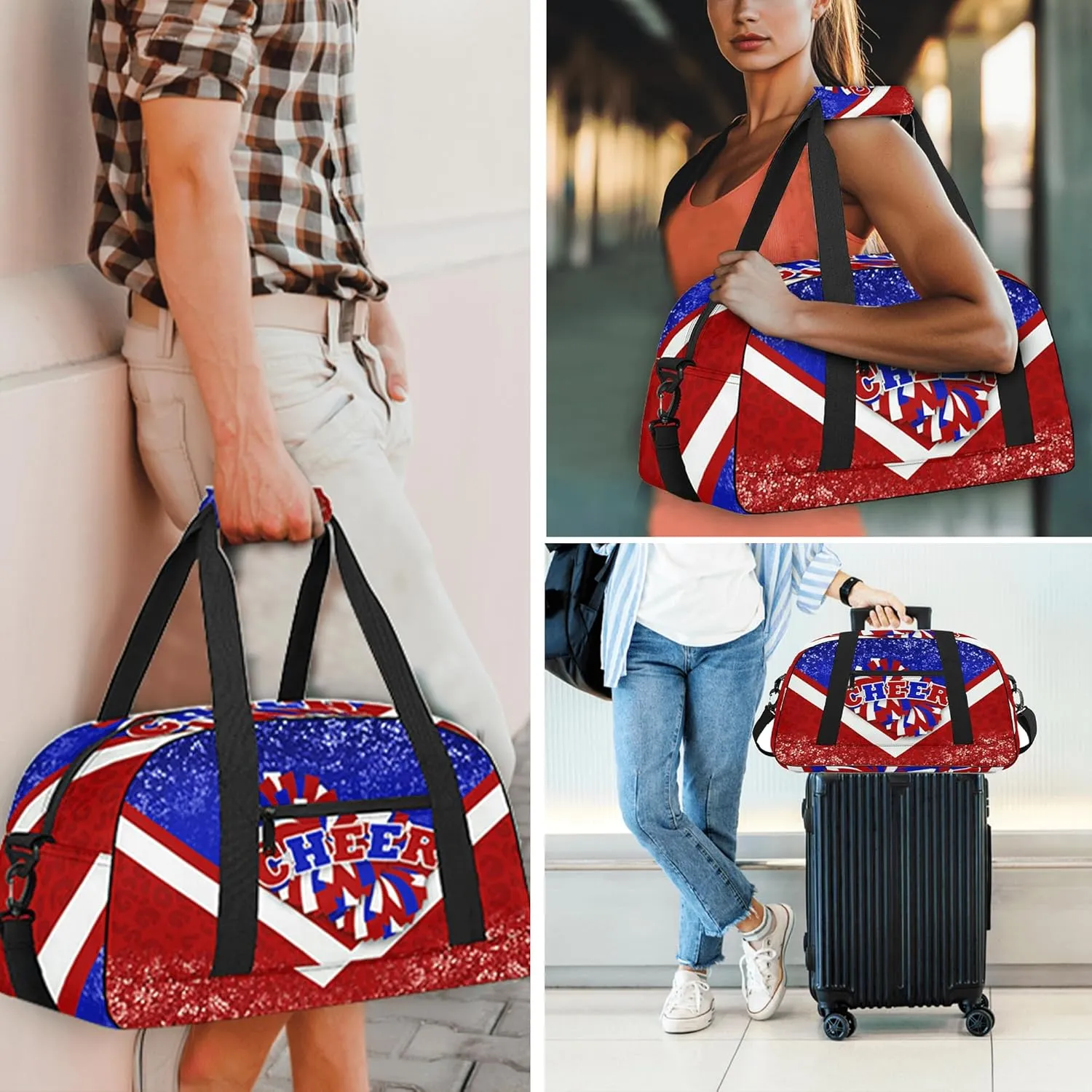 Sports Duffel for Cheerleaders, Cheer Bag for Women, Travel Duffle, Cheerleading Weekender, Gym Bag (Blue&Red)