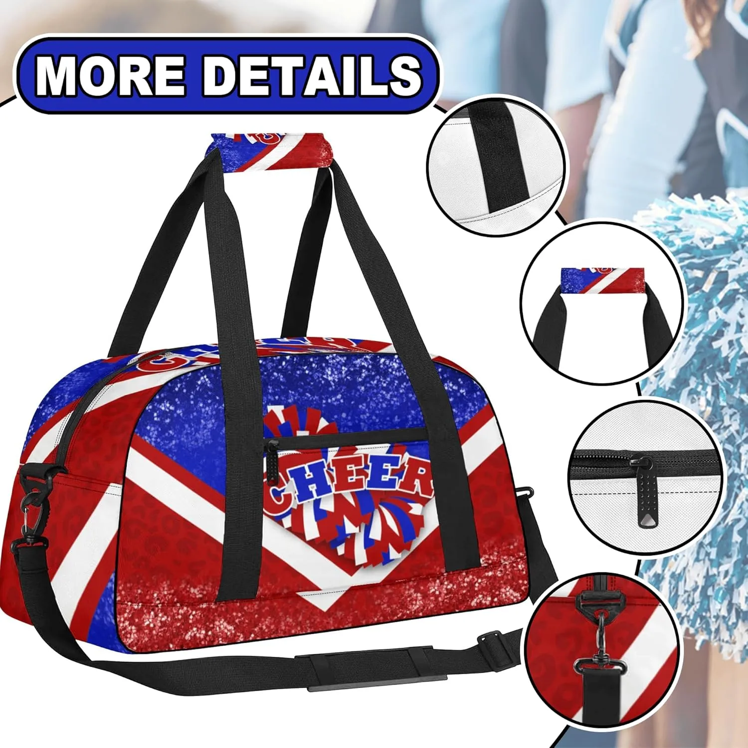 Sports Duffel for Cheerleaders, Cheer Bag for Women, Travel Duffle, Cheerleading Weekender, Gym Bag (Blue&Red)