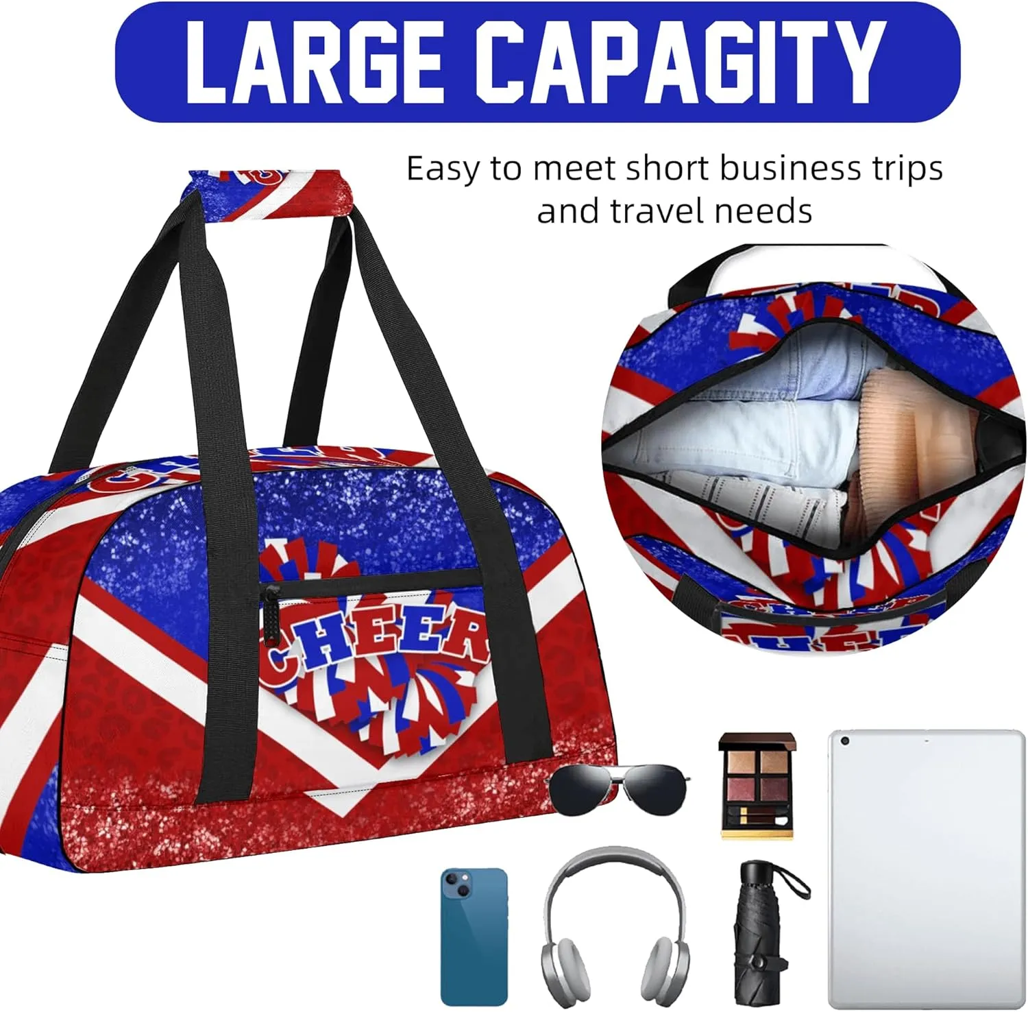 Sports Duffel for Cheerleaders, Cheer Bag for Women, Travel Duffle, Cheerleading Weekender, Gym Bag (Blue&Red)