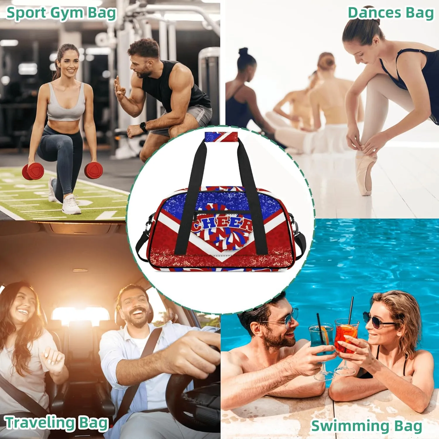 Sports Duffel for Cheerleaders, Cheer Bag for Women, Travel Duffle, Cheerleading Weekender, Gym Bag (Blue&Red)