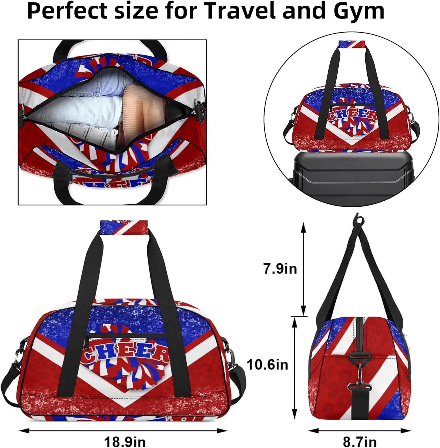 Sports Duffel for Cheerleaders, Cheer Bag for Women, Travel Duffle, Cheerleading Weekender, Gym Bag (Blue&Red)