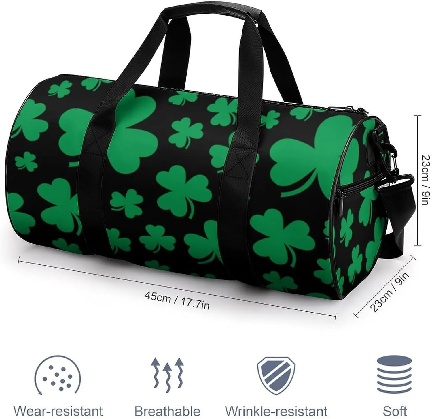 St Patrisks Day Duffelbag Zipper Tote Bag Cylindrical Duffelbags Picnic Bags Easy Carry Satchels Travel Handbag Overnighter Duffles 17.7in/9in/9in