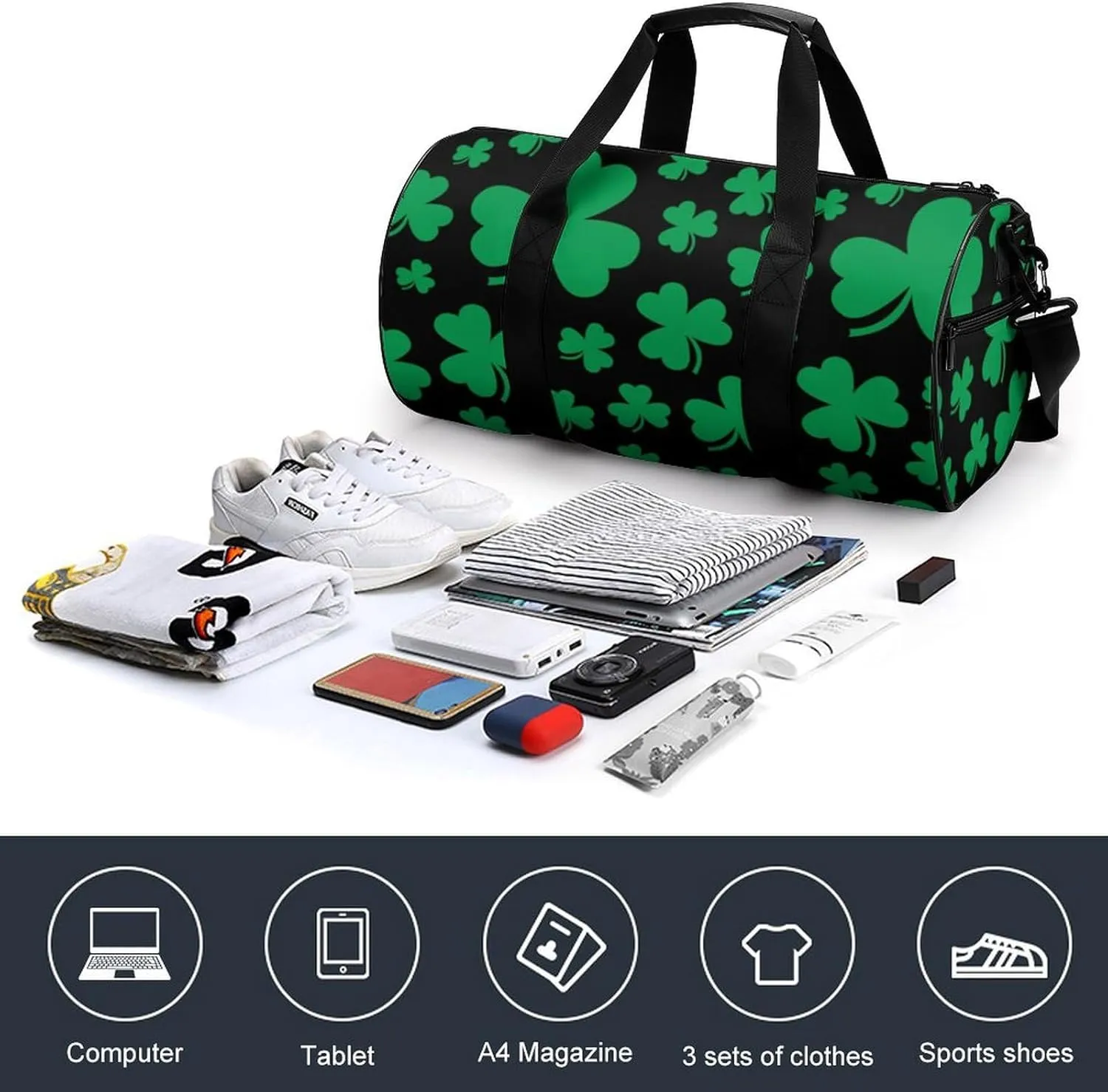 St Patrisks Day Duffelbag Zipper Tote Bag Cylindrical Duffelbags Picnic Bags Easy Carry Satchels Travel Handbag Overnighter Duffles 17.7in/9in/9in